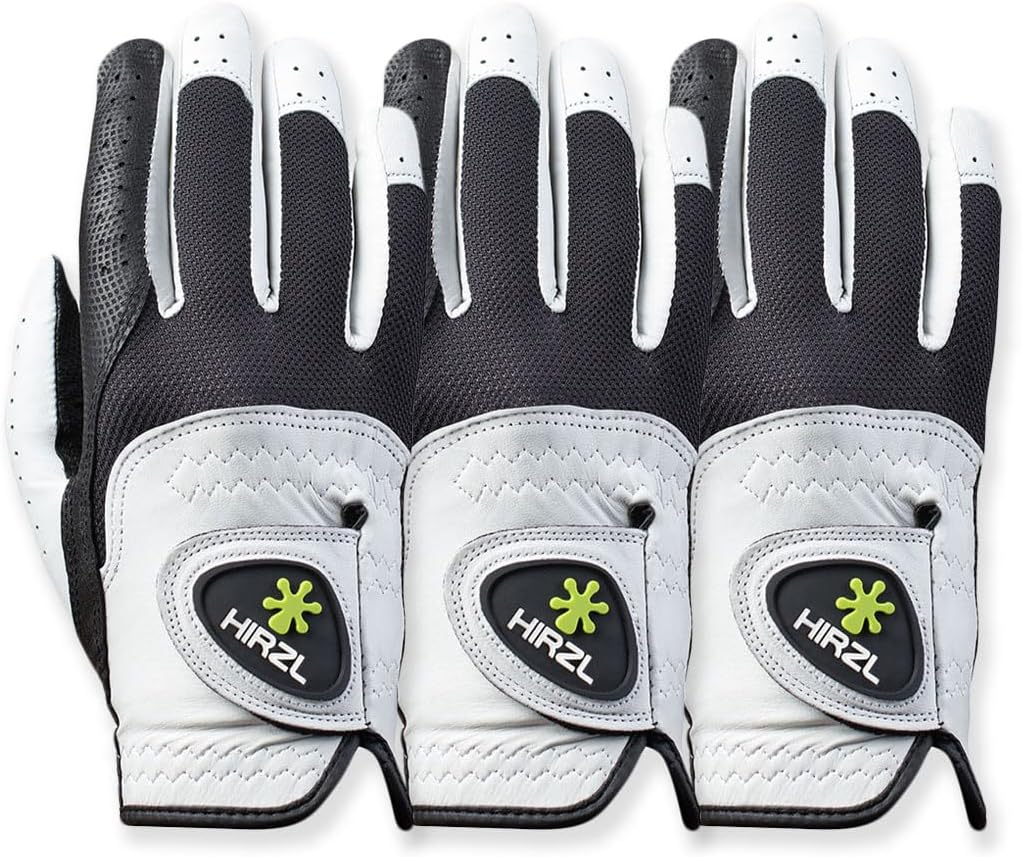 HIRZL Trust Control 2.0 Golf Gloves, All Weather Mens Golf Glove, White/Black, Kangaroo Leather Palm, Cabretta Leather Backhand, Trusted by Pro’s, Sweat Free, Ultimate Grip