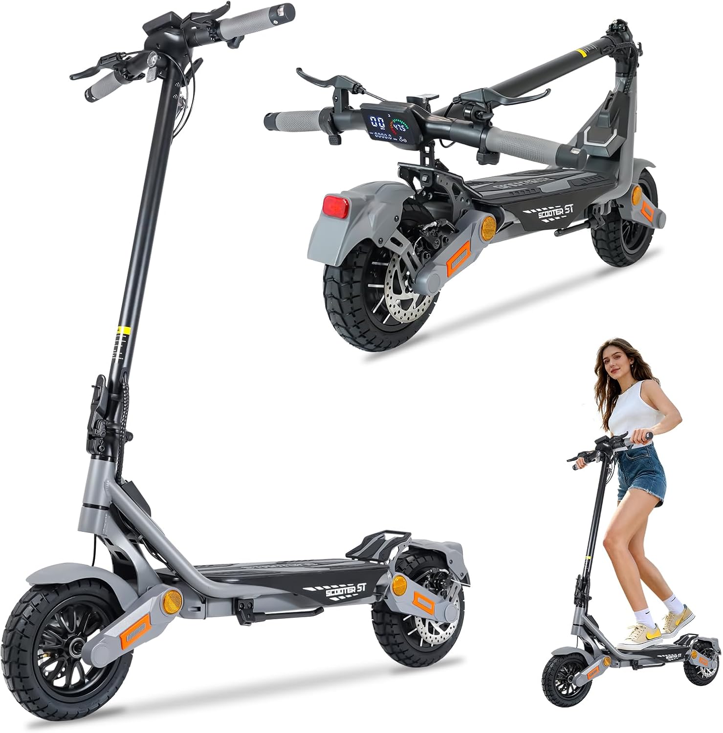 MASXODRK ST Electric Scooter in upright and folded positions, with a person riding it.