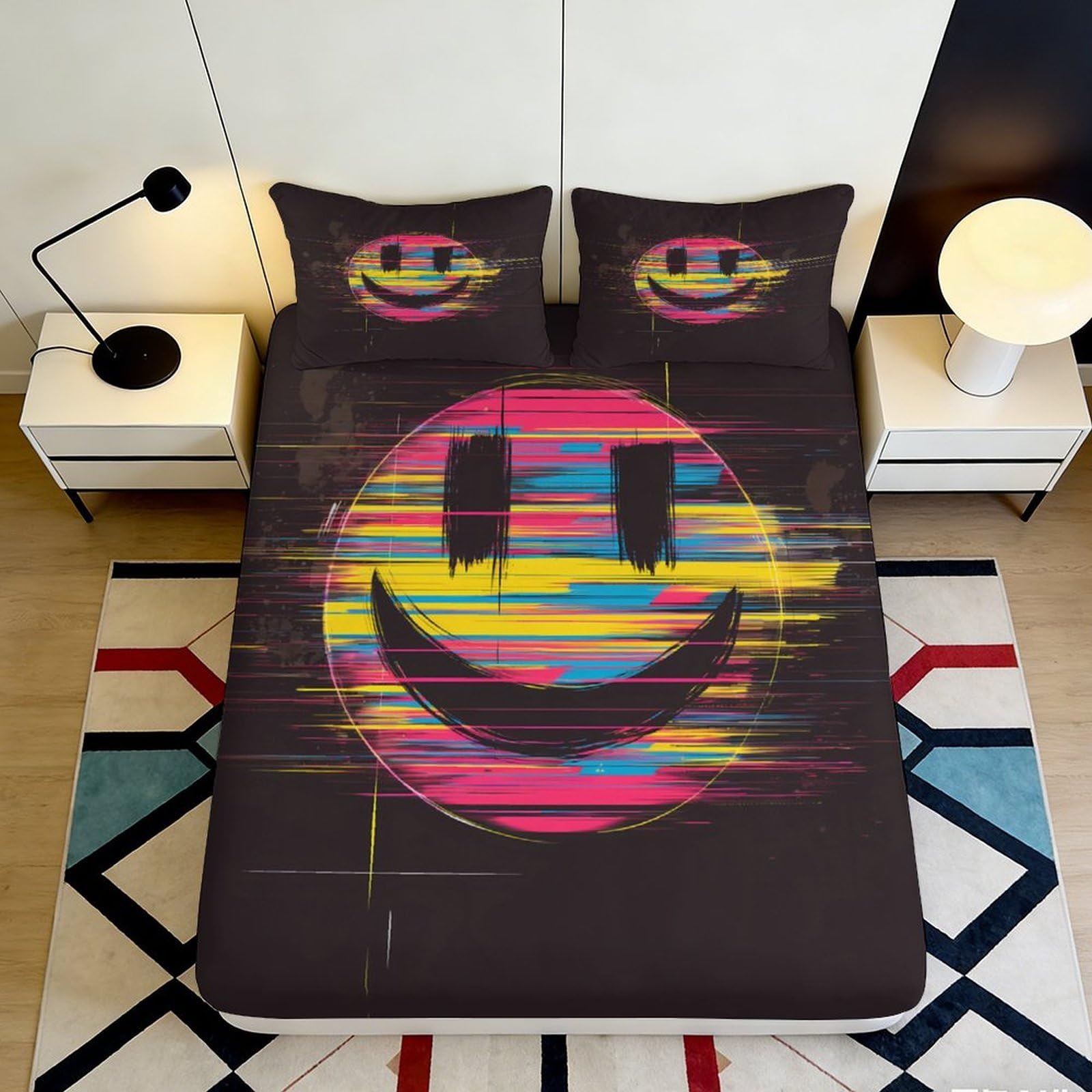 3D Printed Graffiti Smile Fitted Sheet Microfiber Soft Breathable Colorful Face Bed Cover for Bedroom Guest Room 90x200x25cm