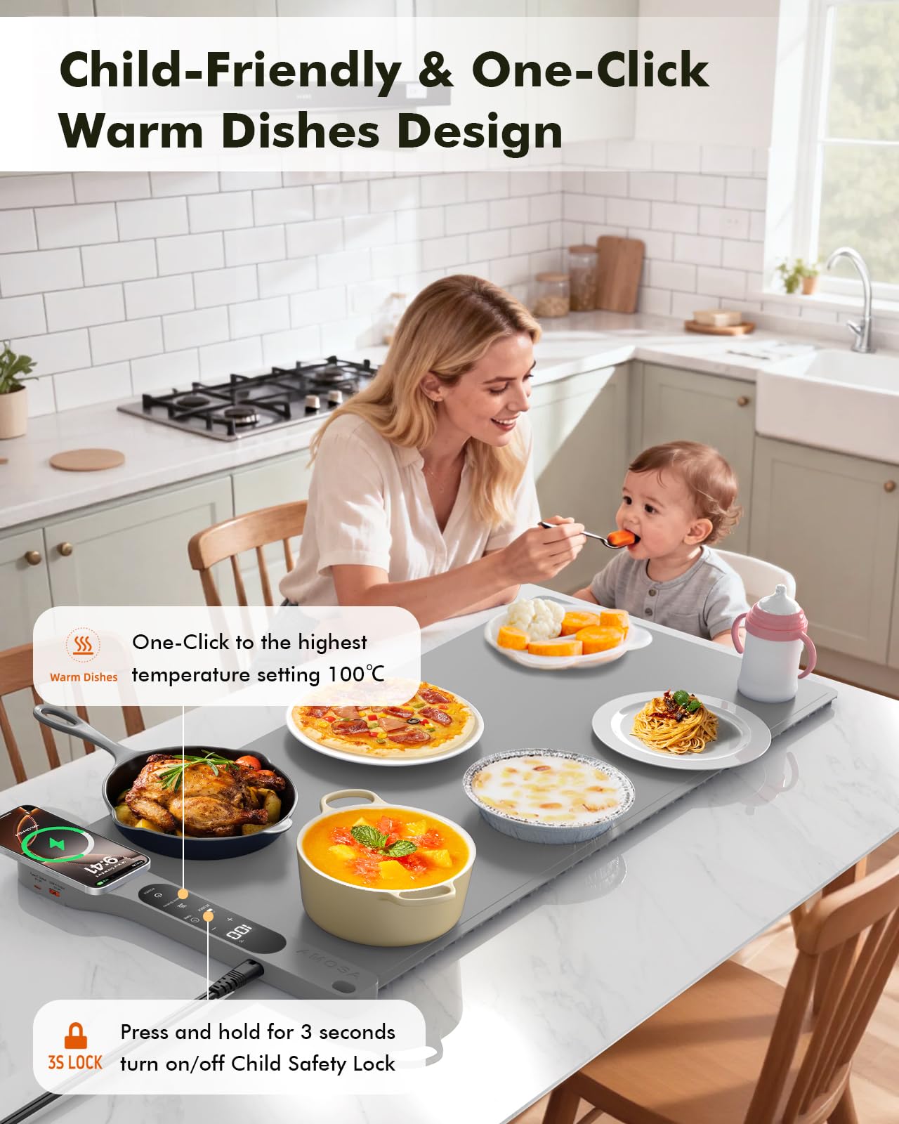 Alfombra Calentador Comida Portatil Nueva con Carga Inalámbrica, 34"x15" Extra Grande, 7 Niveles de Temperatura, Temporizador de 8 Horas, Bandeja Calefactora Eléctrica para Comidas y Fiestas (Gris)