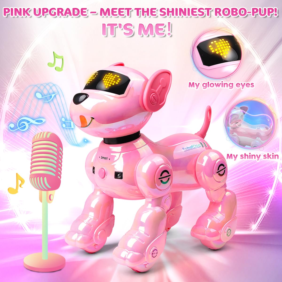 VATOS Perro Robot Recargable para Niños, Perro Robot con Control Remoto, Programable,17 Funciones Interactivas y Volumen Ajustable; Juguete de Cachorro Robot Que Canta y Baila, Regalo para Niñas,Rosa