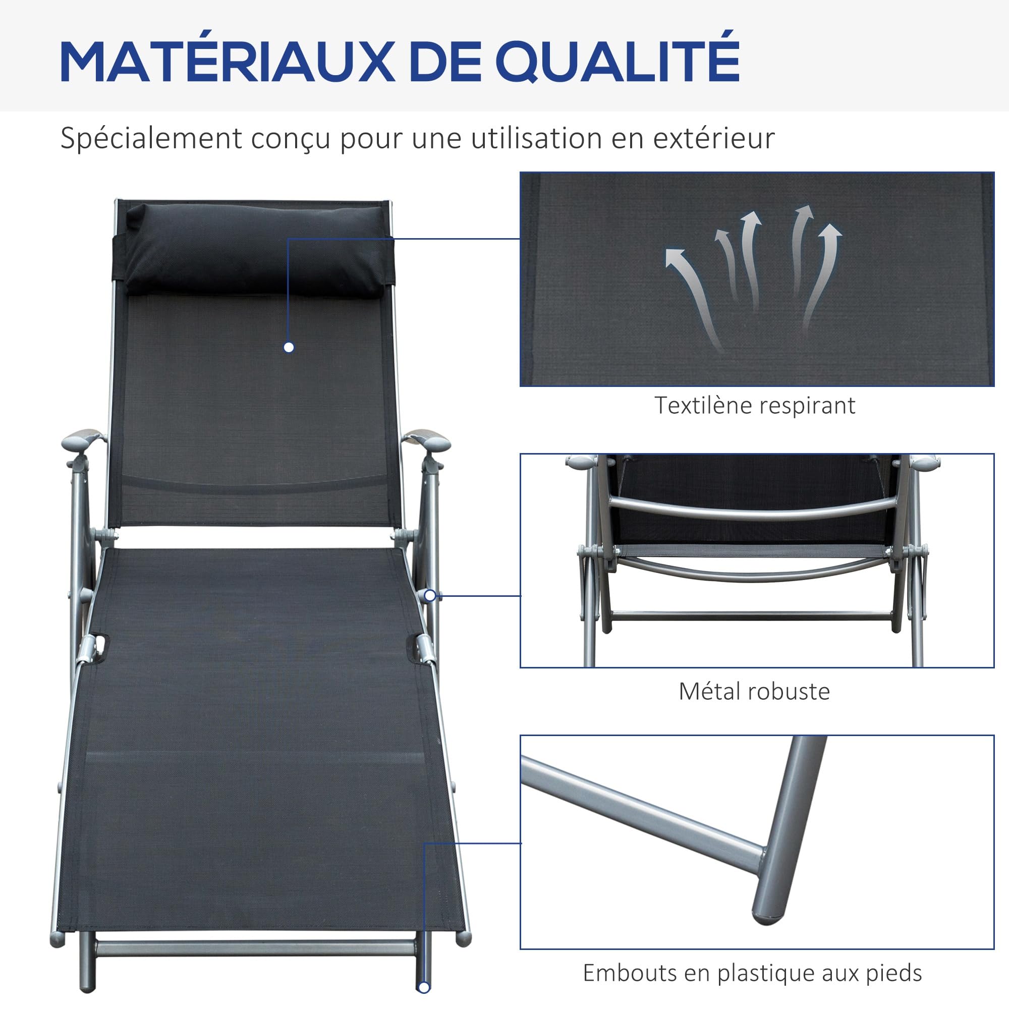Outsunny Transat Jardrin Pliable Dossier Inclinable Multi-Positions Noir