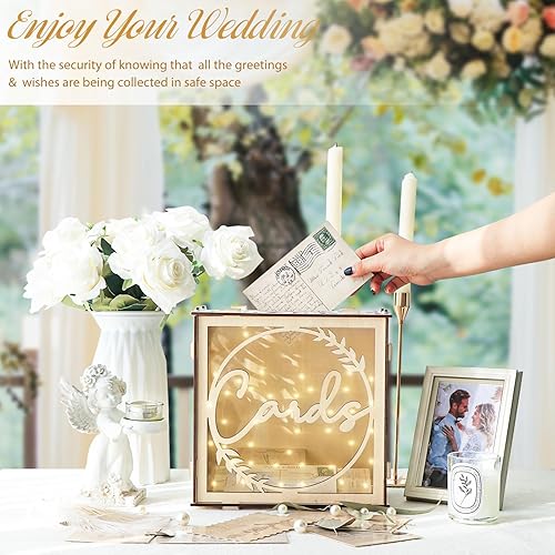 Miniatura 10 de OurWarm Caja de tarjetas de boda para recepción de boda, cajas de madera para tarjetas de boda con viento, sobre de boda marrón, caja de tarjeta de
