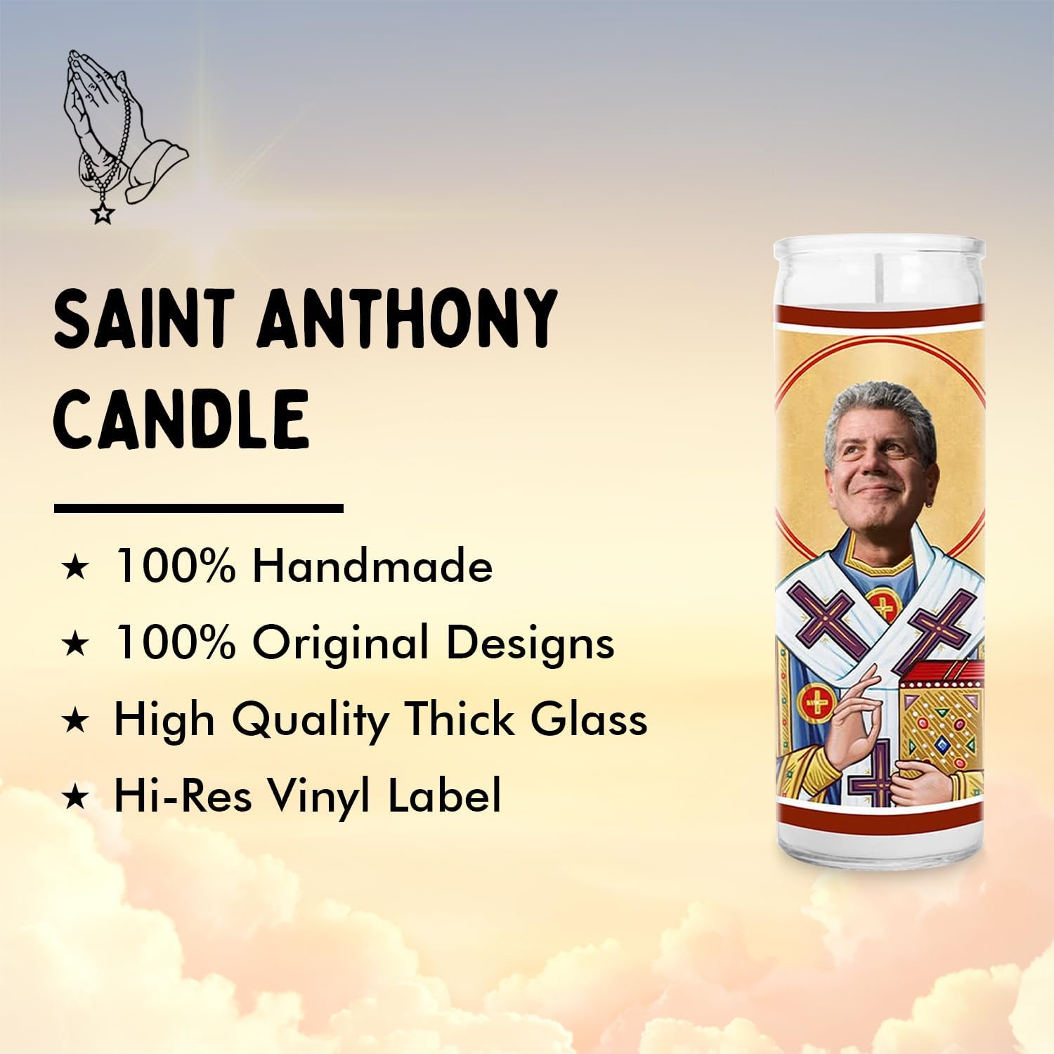 Anthony Celebrity Glass Jar Candle – Unscented Handmade Soy Wax Votive Candle – Unique Gift for Food Lovers – Home Decor Collectible for Living Room & Office – 8 Inch