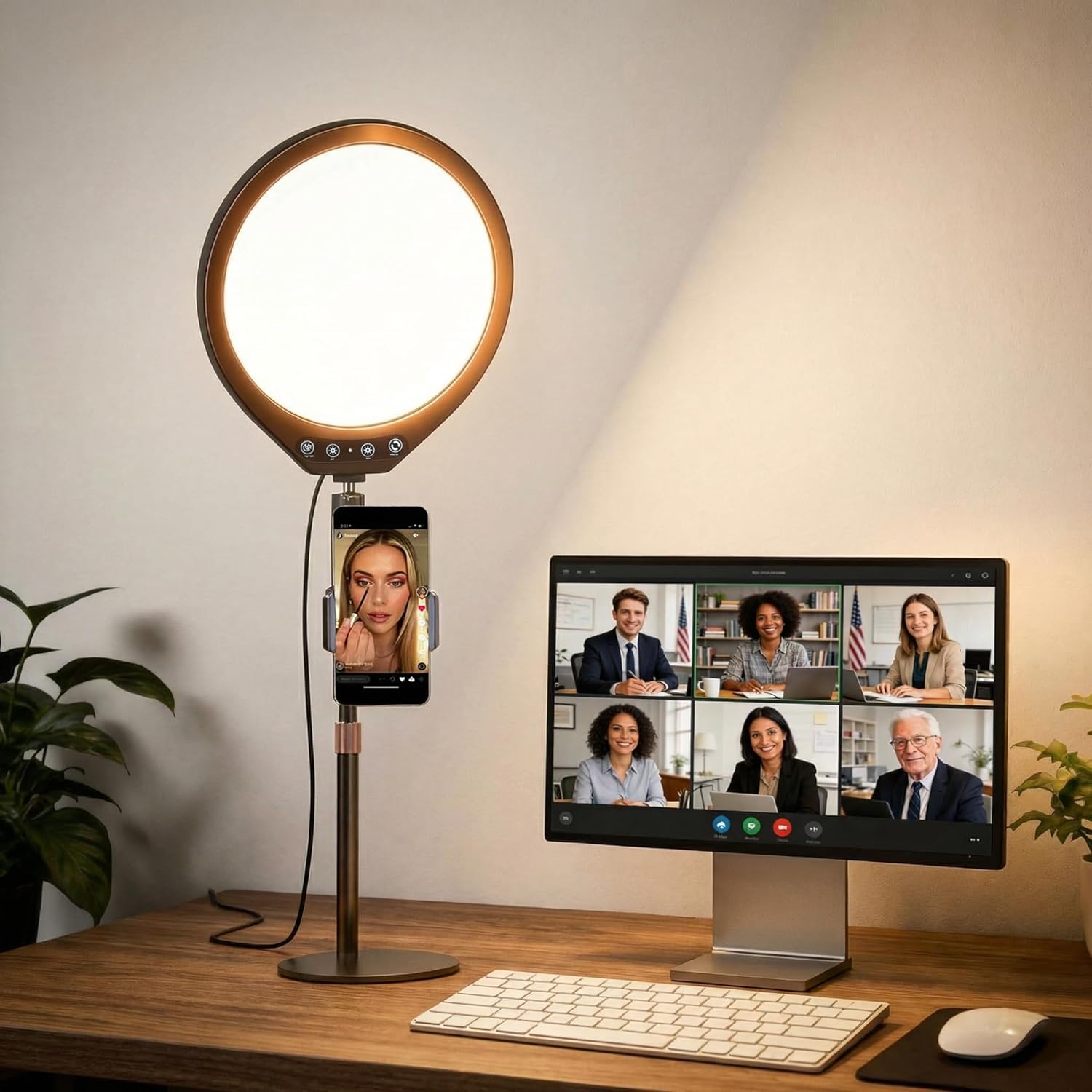 10W 12" Ring Light with Desk Stand & Phone Holder, Dimmable 360° Rotatable LED Full Screen Computer Lamp for Zoom Meetings, Streaming, Gaming, TikTok,YouTube,Videos with Night Light Mode