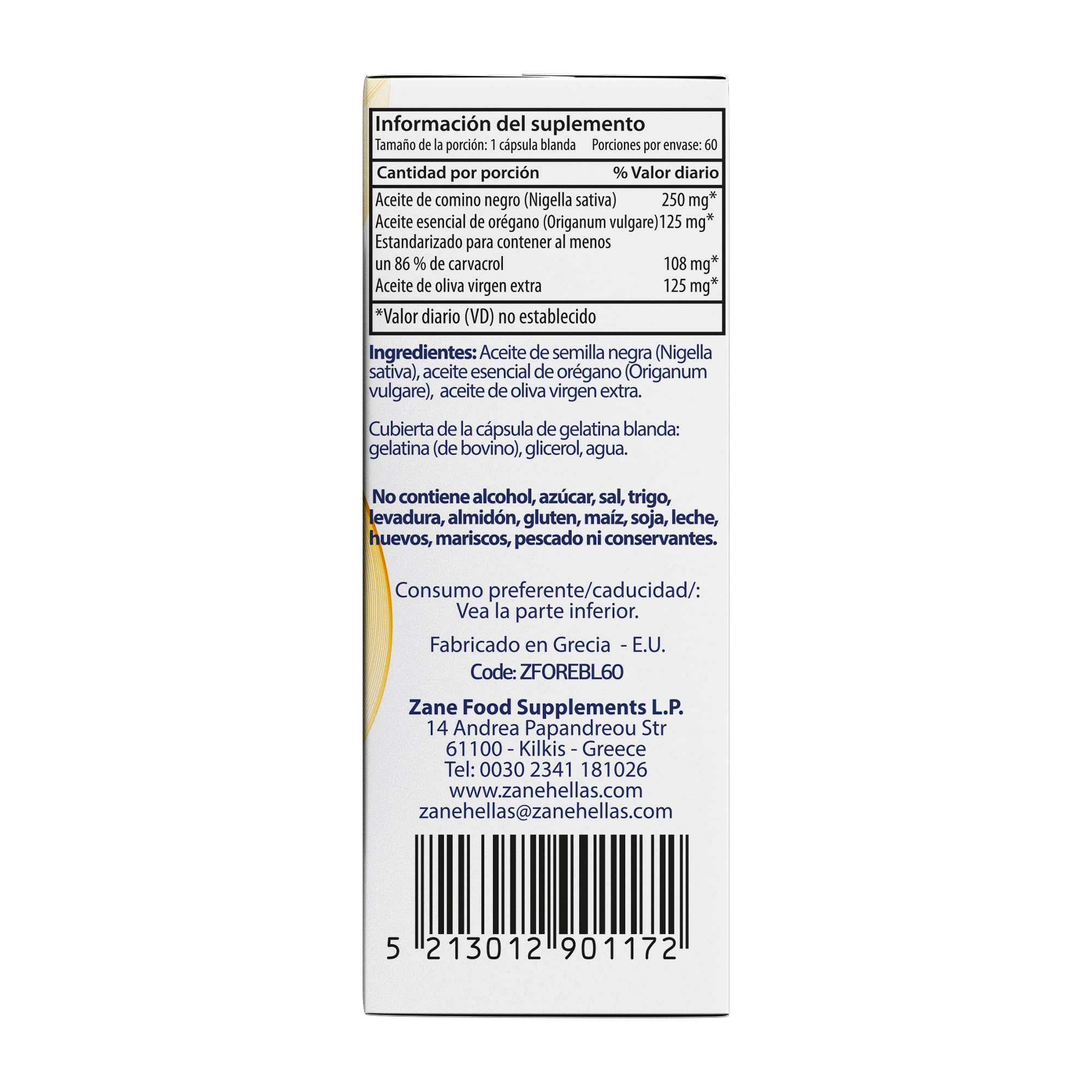 Zane Aceite de Orégano +. Aceite de Orégano y Aceite de Comino Negro en Cápsulas Blandas – Con Carvacrol y Timoquinona – Suplemento Dietético Sin OMG, Sin Gluten – 60 Cápsulas Blandas de Zane Vital.