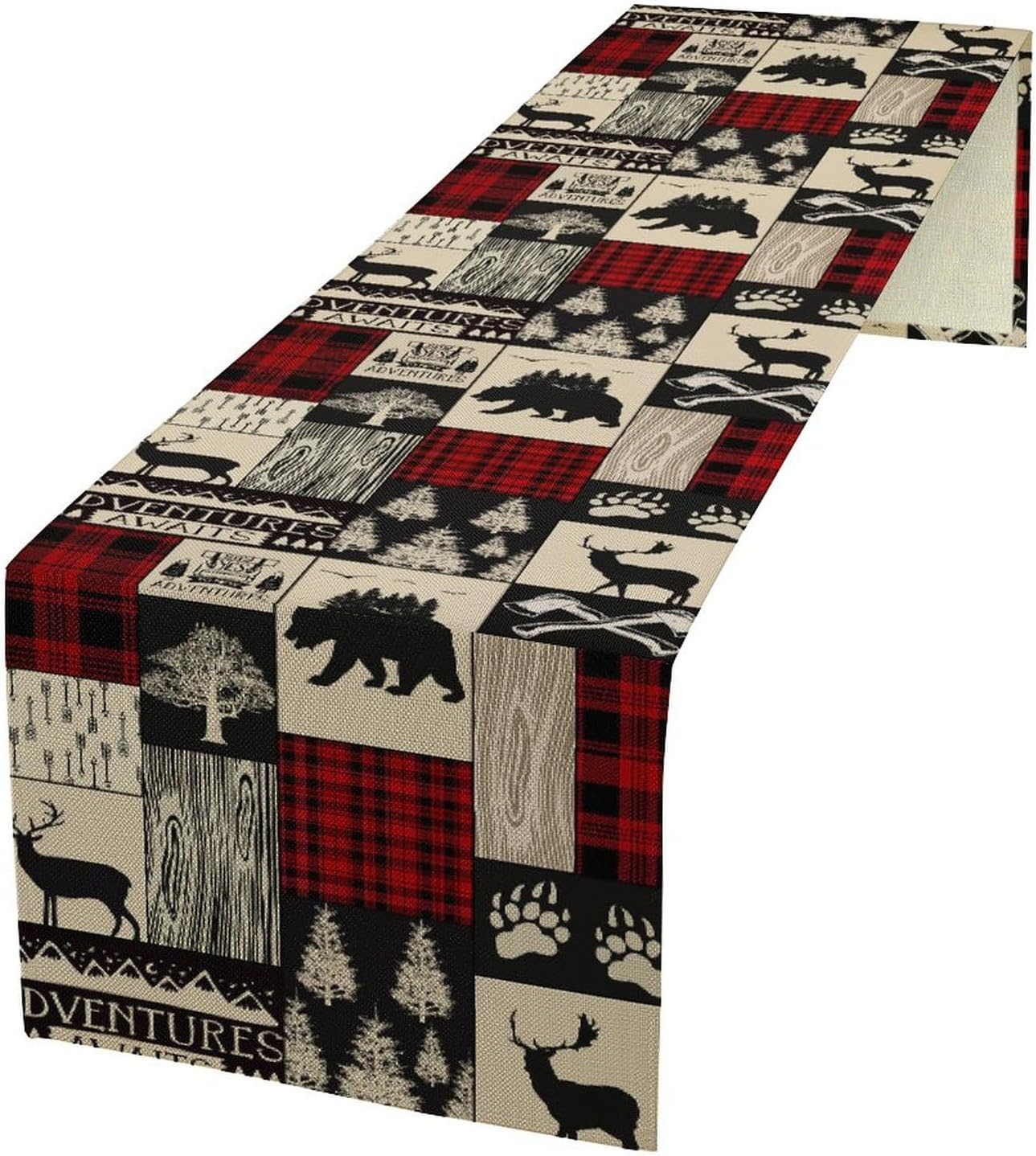 Llylumty Farmhouse Bear Moose Wild Animals Table Runner,Country Patchwork Red Plaid Hunting Cabin Western Home Decor for Kitchen Table Dining Room 13x36 in
