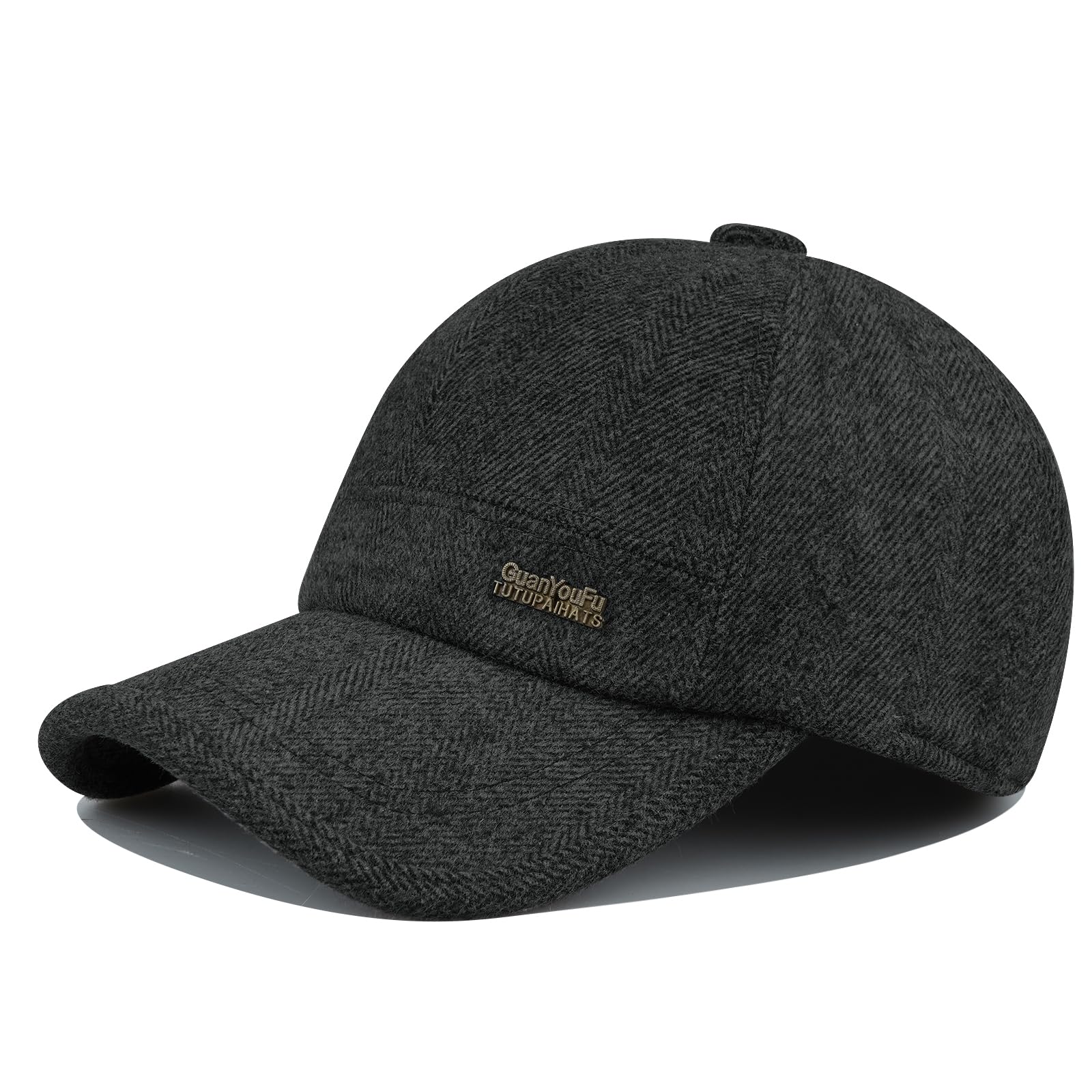 kapelusz, Czapka zimowa z daszkiem nausznikami tweedu, męska, wełniana, termiczna, gruba, ciepła, czapka dla taty(KGSDT4Black)