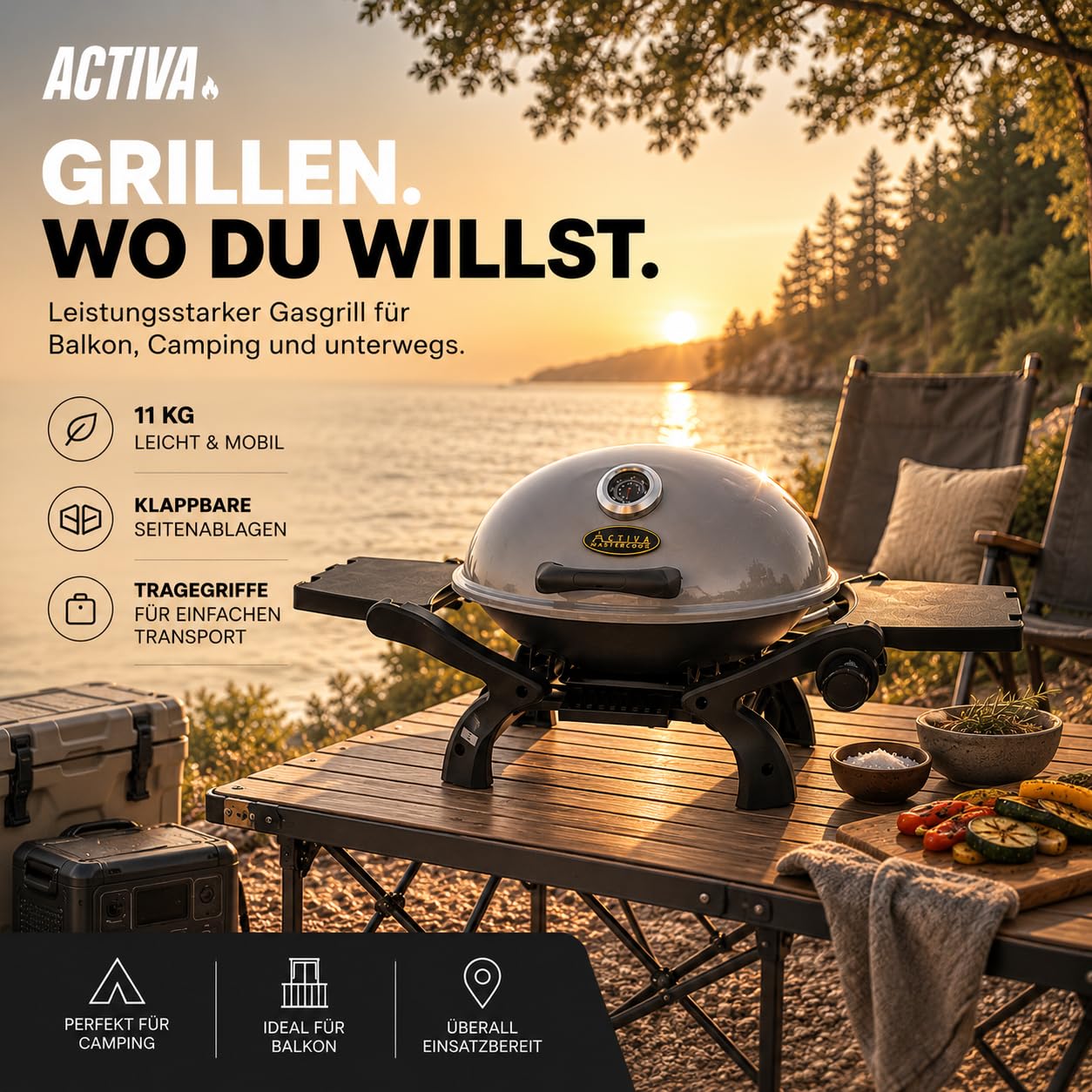 ACTIVA Gasgrill Camping Crosby I Premium Gasgrill klein mobil & kompakt I Leistungsstarker & stilvoller Camping Grill für ein gelungenes Barbecue
