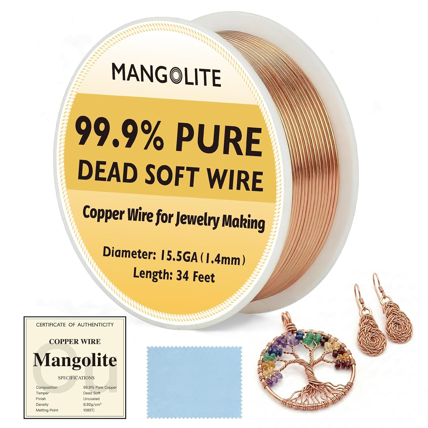 16 Gauge/1.3mm Copper Wire for Jewelry Making – 40 Feet Single Spool with Polishing Cloth & COA – 99.9% Pure Dead Soft Bare & Skin Safe Uncoated Craft Wire for Bracelets & Plant Training