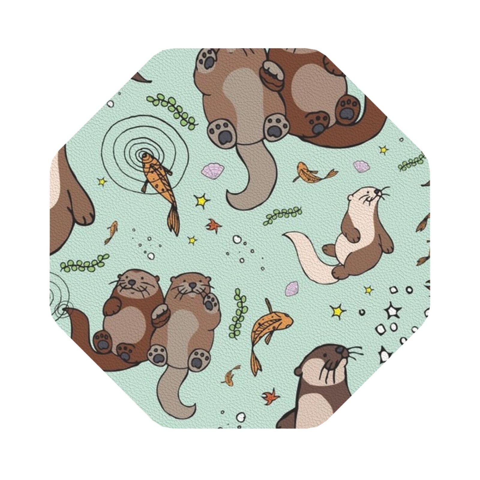 Cartoon Cute PU Leather Coasters Set of 6 Octagon Drink Coasters