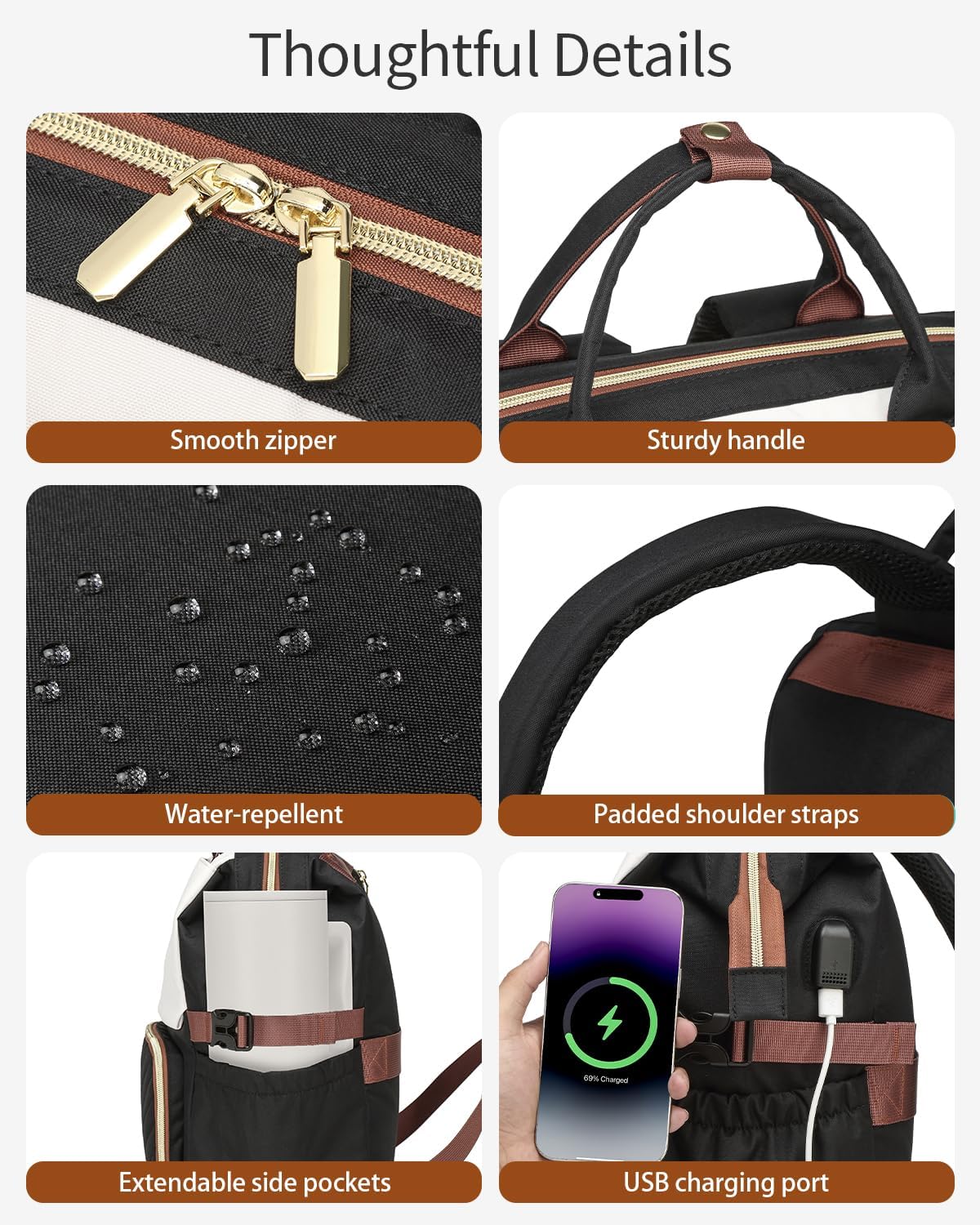 Bookbag for Women Laptop Backpack, Teacher Nurse Work Computer Bags with Cup Holder & USB Charger for Travel, School Bag College Back Pack for Girls, BlackWhiteBrown - Image 5