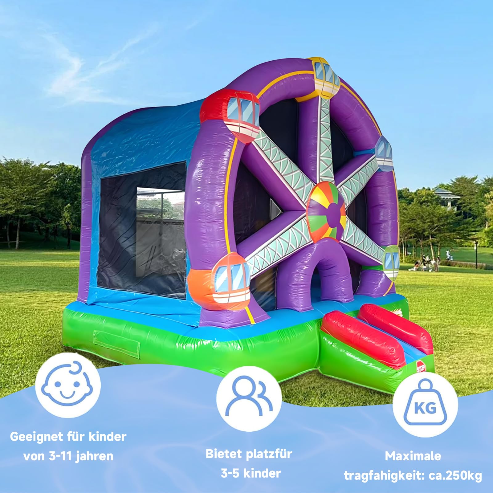 Profi Hüpfburg Riesenrad Thema 4,3x4m mit Rutsche & Gebläse 0,55mm PVC Spielhaus für 5-6 Kinder – Aufblasbares Event-Trampolin im Jahrmarkt-Design für Gärten Betonflächen und Rasenflächen