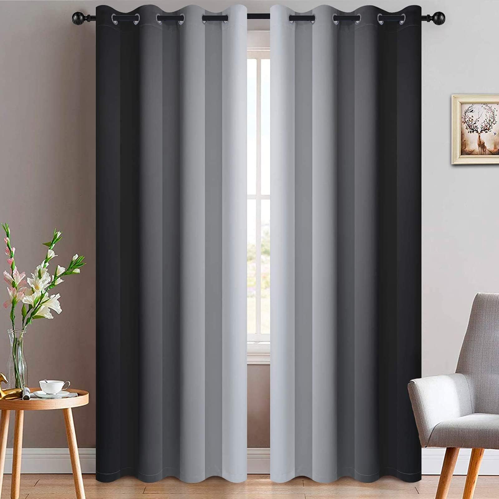 Yakamok Light Blocking Ombre Curtains, Greyish White and Black Gradient Color Curtains, Room Darkening Grommet Window Drapes for Bedroom(Black, 52x90 Inch, 2 Panels)-image-43