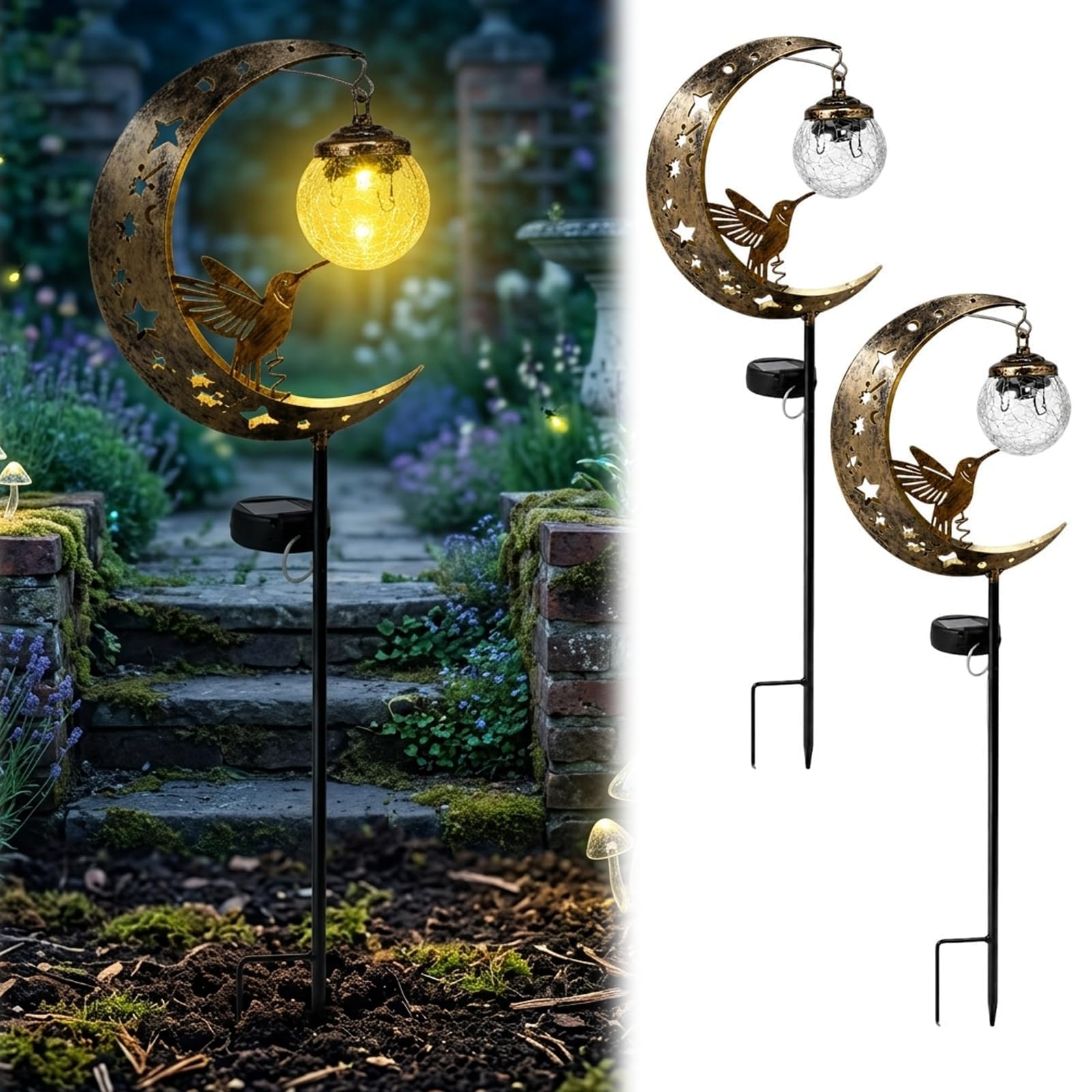 Hummingbird Moon Solar Garden Stake Light, Solar Hummingbird Stake with Crackle Glass Globe, No Wiring Required, Durable Weather Resistant Metal Garden Decor for Yard Patio Lawn Pathway (2 PCS)