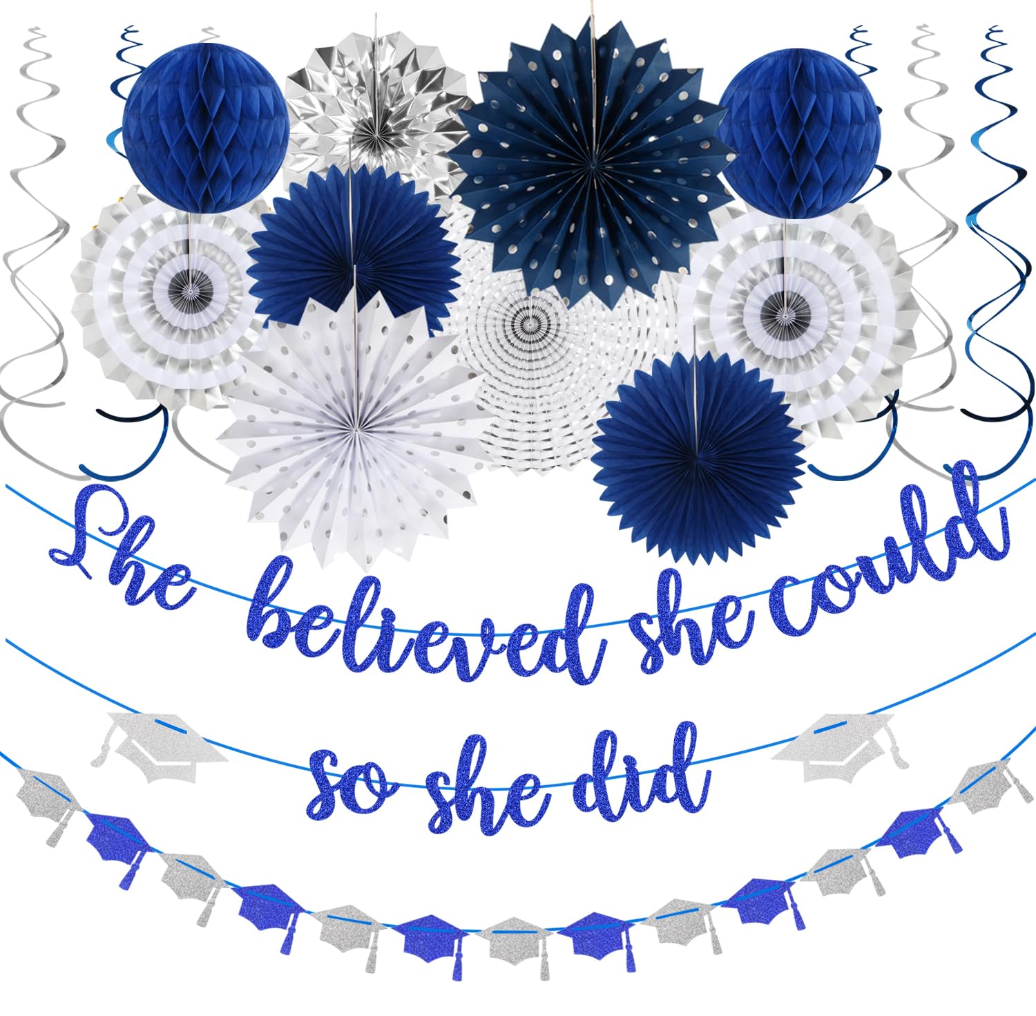 Navy-Blue Silver Party-Decorations Graduation Banner-Streamers - 18pcs Kits 2026 Congratulations Grad She Believed She Could So She Did Garland,Paper Tissue Pom Poms Fan,Honeycomb Lanterns Panduola
