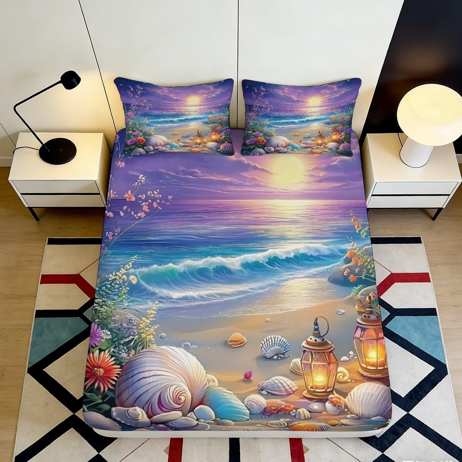 3D Printed Ocean View Fitted Sheet Microfiber Deep Pocket Non-Slip Bedroom Bedding Coastal Mattress Fitted Cover Washable 200x200x25cm 90x200x25cm