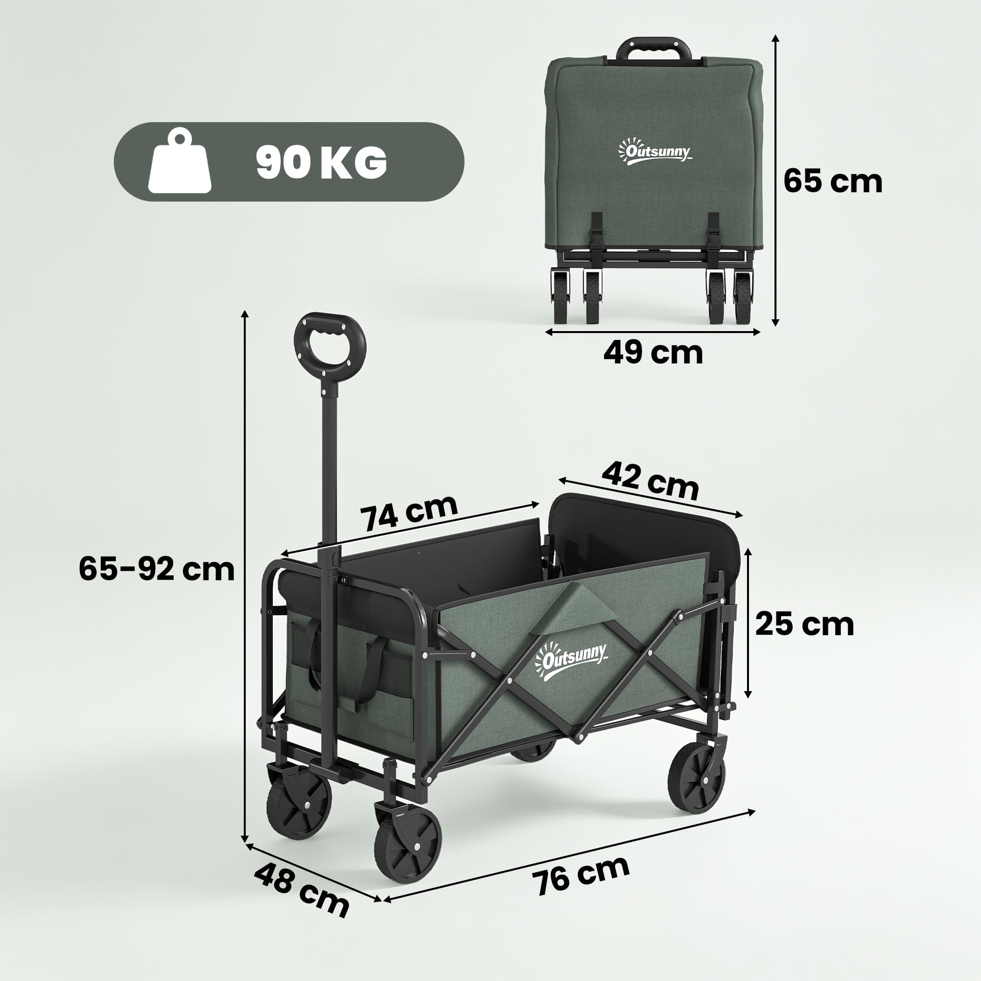 Outsunny Carro Playa con Ruedas Carro de Jardín Plegable con Mango Telescópico Ajustable Puerta Trasera Expandible Carga 90 kg Carrito Transporte para Todo Terreno Jardín Campaña Compra Verde