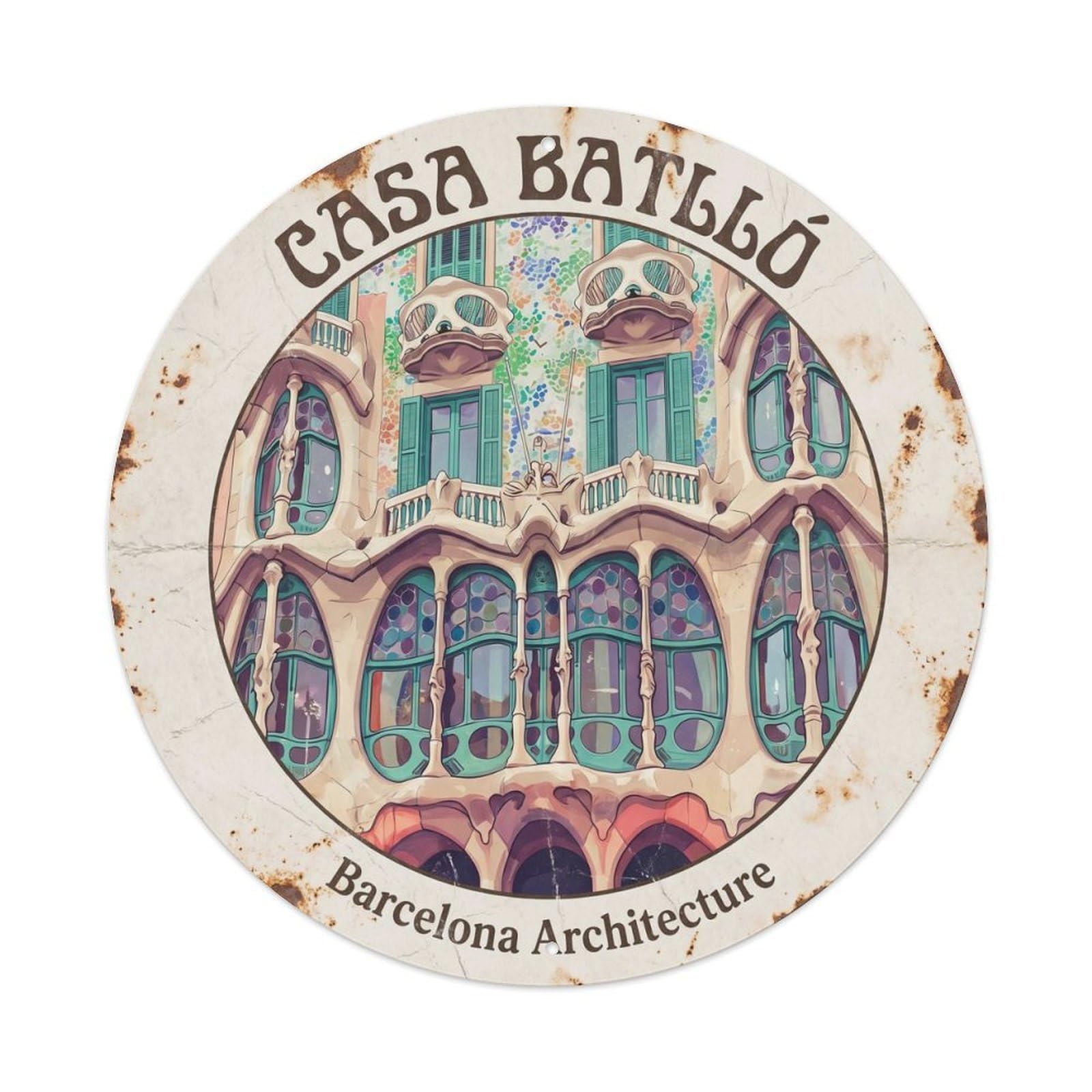 Barcelona Catalan Architecture Vintage Modernist Landmark Travel Metal Tin Sign Plaque Wall Decor for Cafe, Man Cave, Club Bar, Office, Home Garden Round Metal Poster 8x8Inch