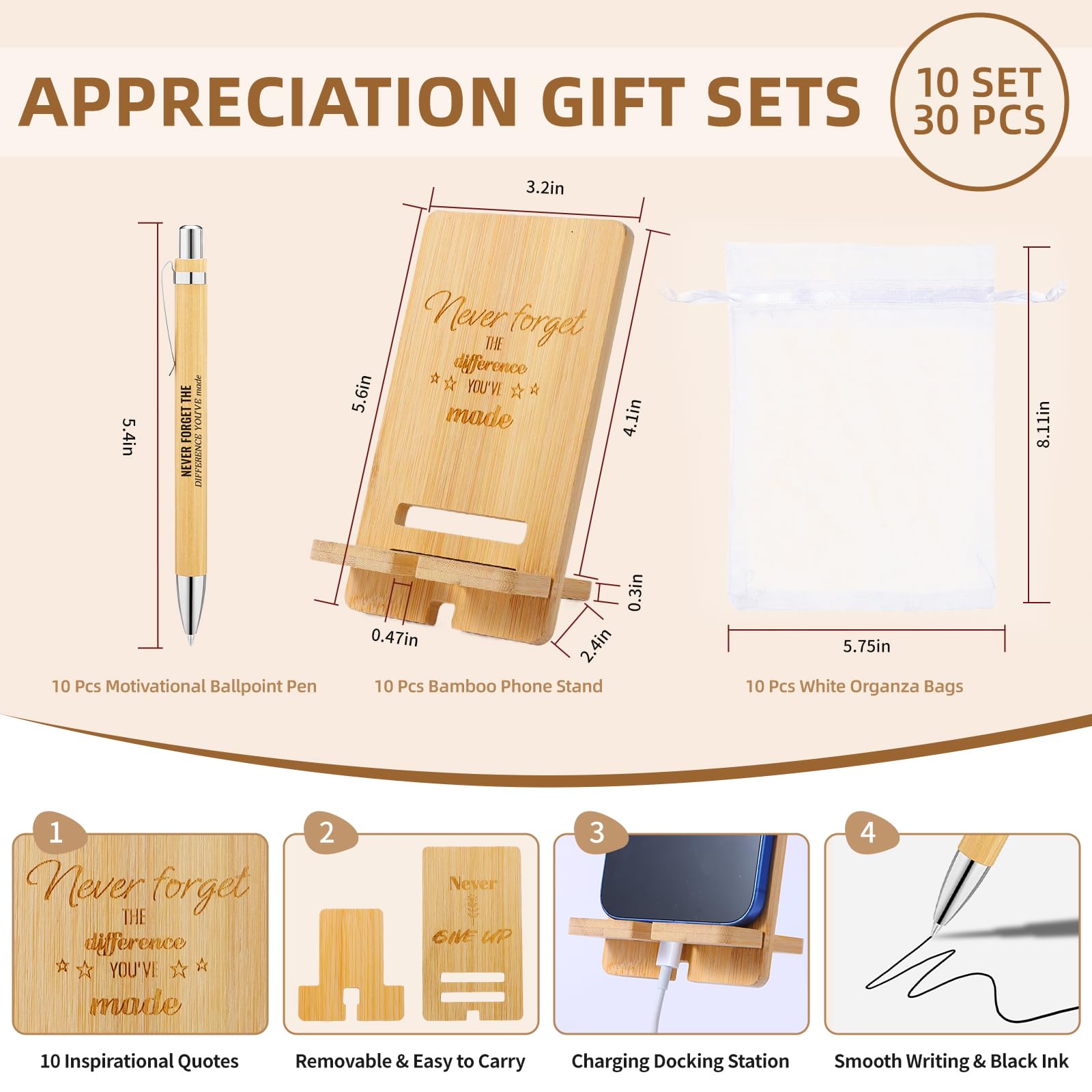 30 Pcs Employee Appreciation Gifts Bulk, 10 Wooden Phone Stands, 10 Motivational Pens with White Organza Bags, Thank You Gifts for Coworkers, Staff, Team, Volunteers, Nurses, Teachers, Office Desk