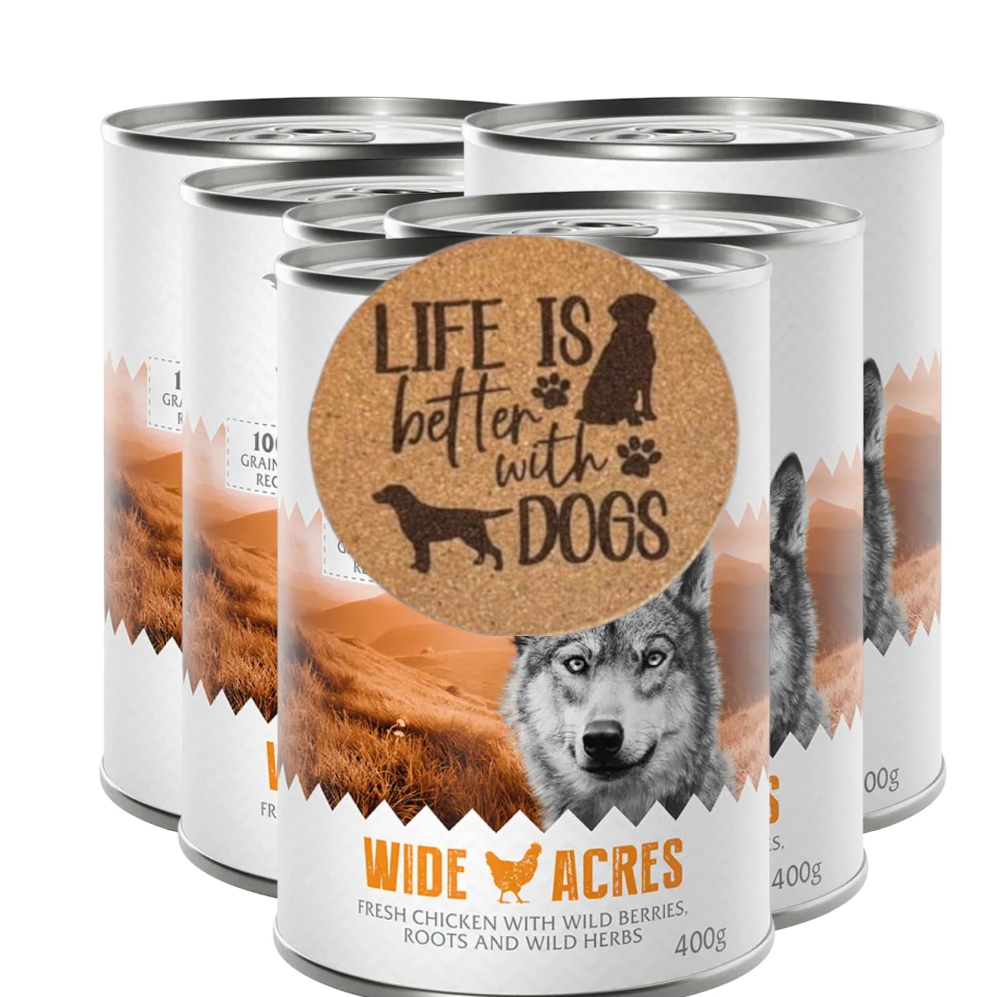 AETN Creations Wide Acres Wet Dog Food – 400g Tin (Fresh Chicken with Wild Berries, Roots & Herbs, Grain-Free Recipe) + 1 of 6 Exclusive Dog Coasters – Natural Complete Meal for Adult Dogs
