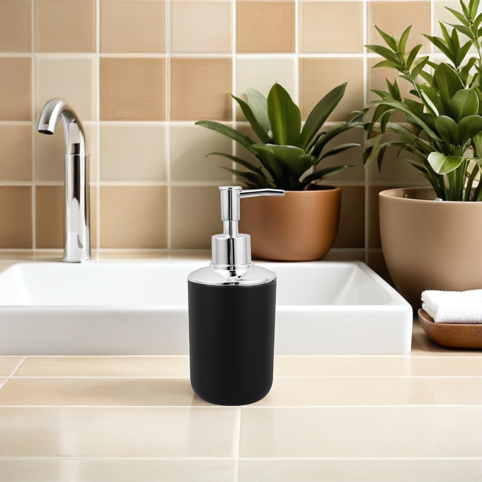 Set de Accesorios de Baño Negro de Plástico con Dispensador de Jabón, Porta Cepillos, Jabonera, Escobilla y Cubo de Basura para Organizar el Baño