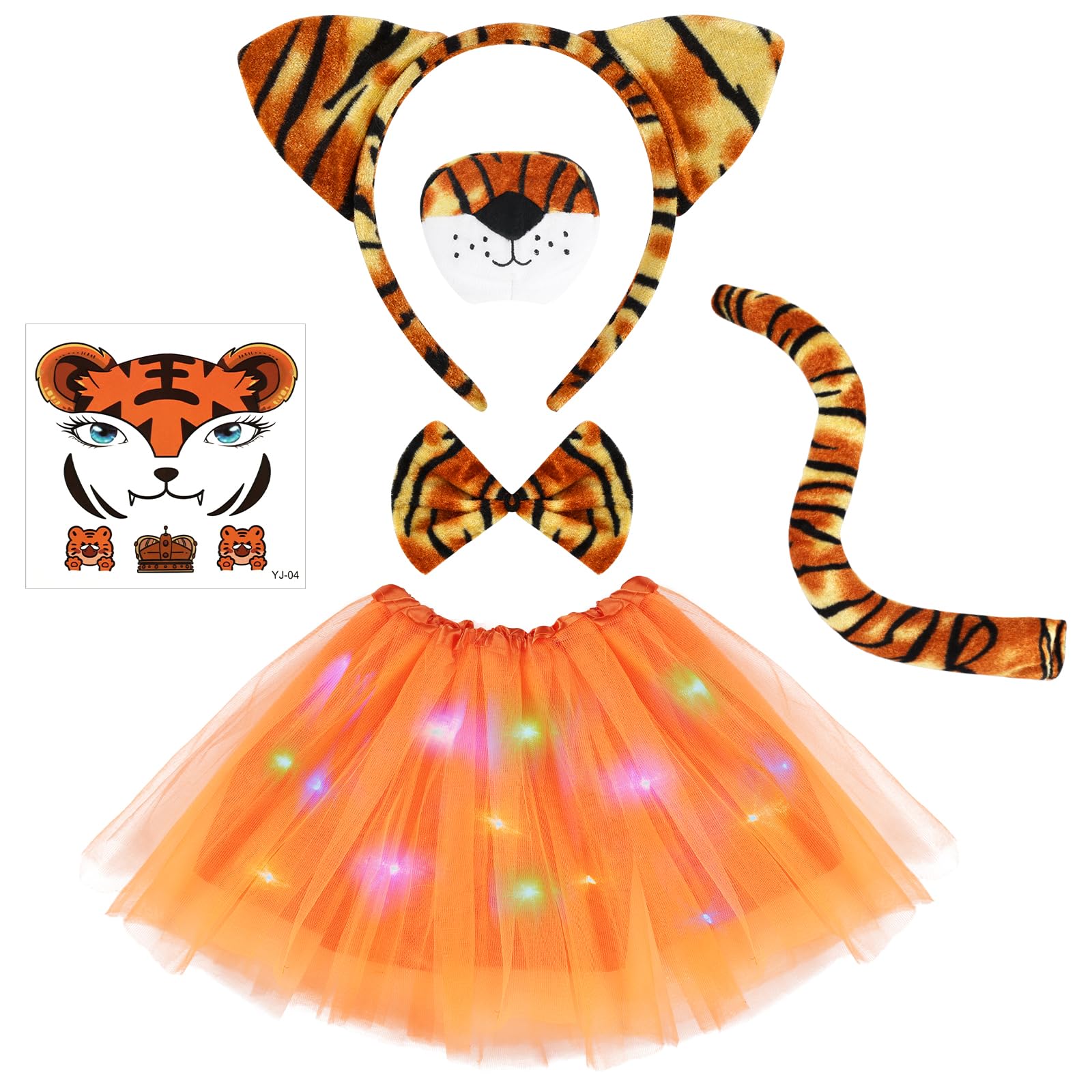 AOOWU Tiger Costume Set for Kids 6PCS Animal Costume Set Light Up Tutu Skirt with Tiger headband Nose Tail Bow Tie Tiger Sticker
