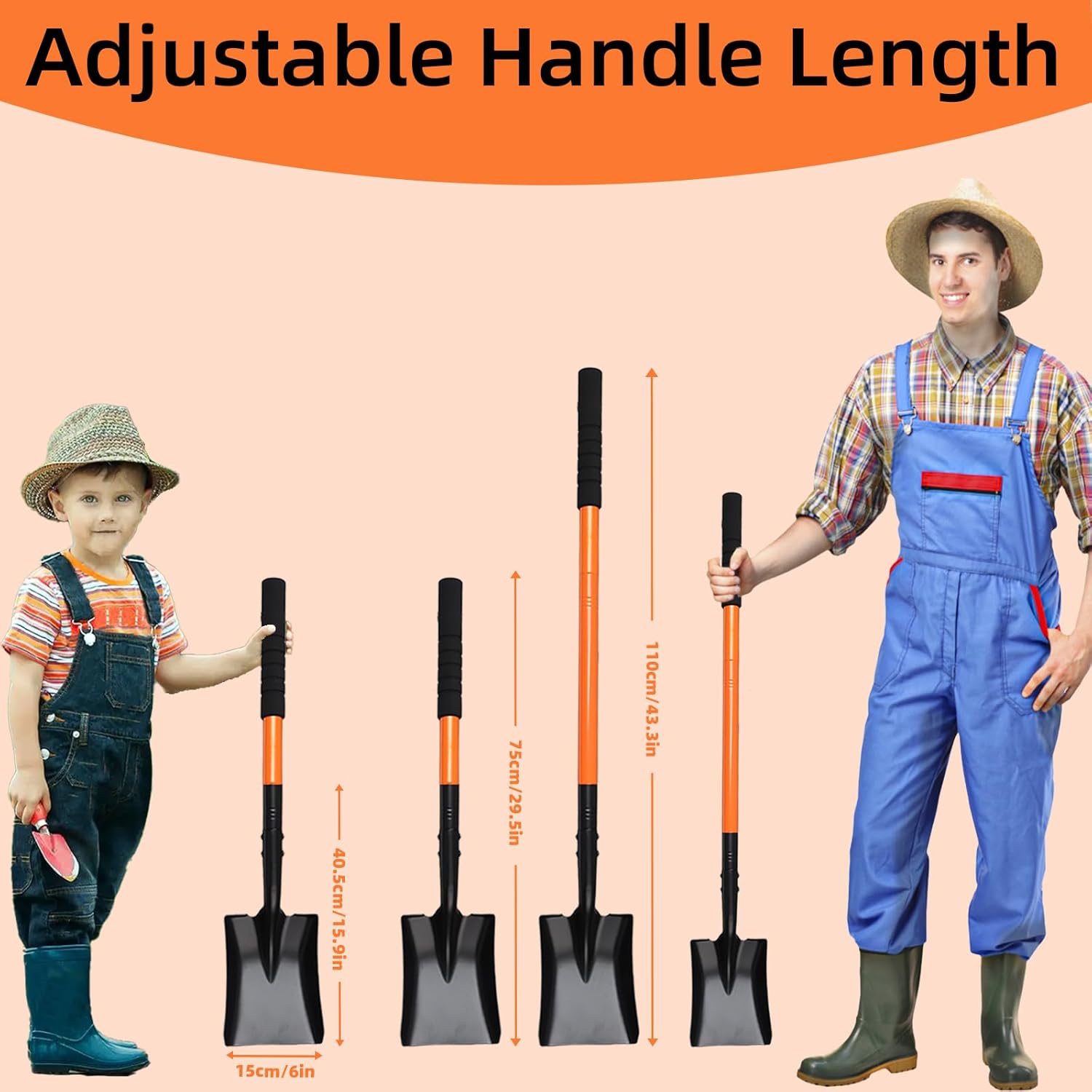 Small Square Shovel 43.3Inches Heavy Duty Garden Tools with Metal Handle, Small Transfer Spade for Digging Camping Car Beach Shovel, Orange