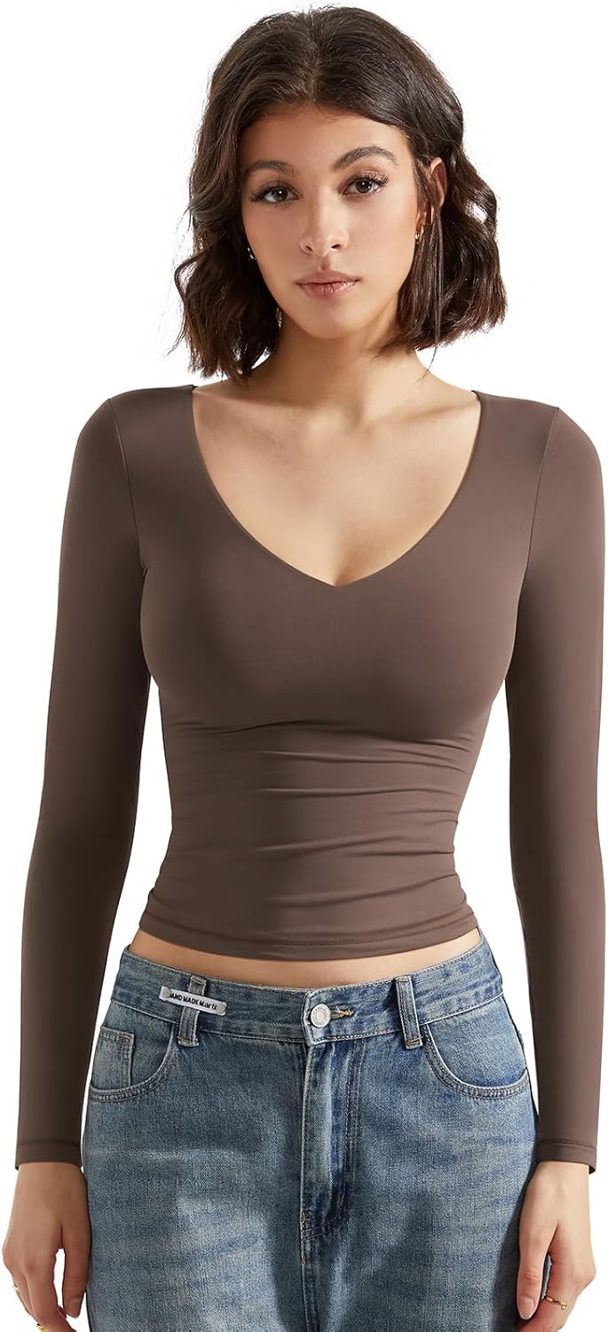 SUUKSESS Women Double Lined Casual V Neck Crop Tank Tops Basic Long Sleeve Shirts - Image 7