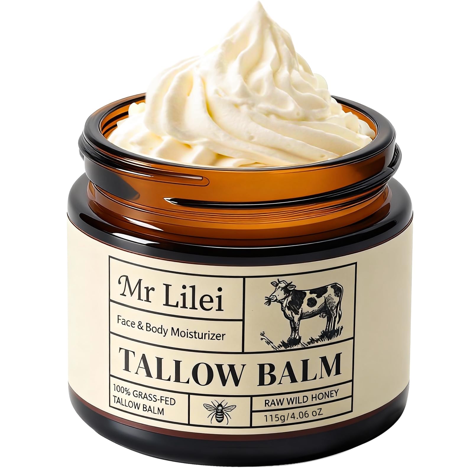 Lilei Beauty Beef Tallow for Skin, Grass-Fed Beef Tallow and Honey Balm, Whipped Body Butter & Face Moisturizer, Unscented, Body Cream, Soothes Dry &