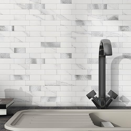 BeNice Adhesivos para azulejos de cocina, ladrillo 3D mate, azulejos adhesivos de mosaico lineal para baño, ducha, pared, chimenea (5 unidades,