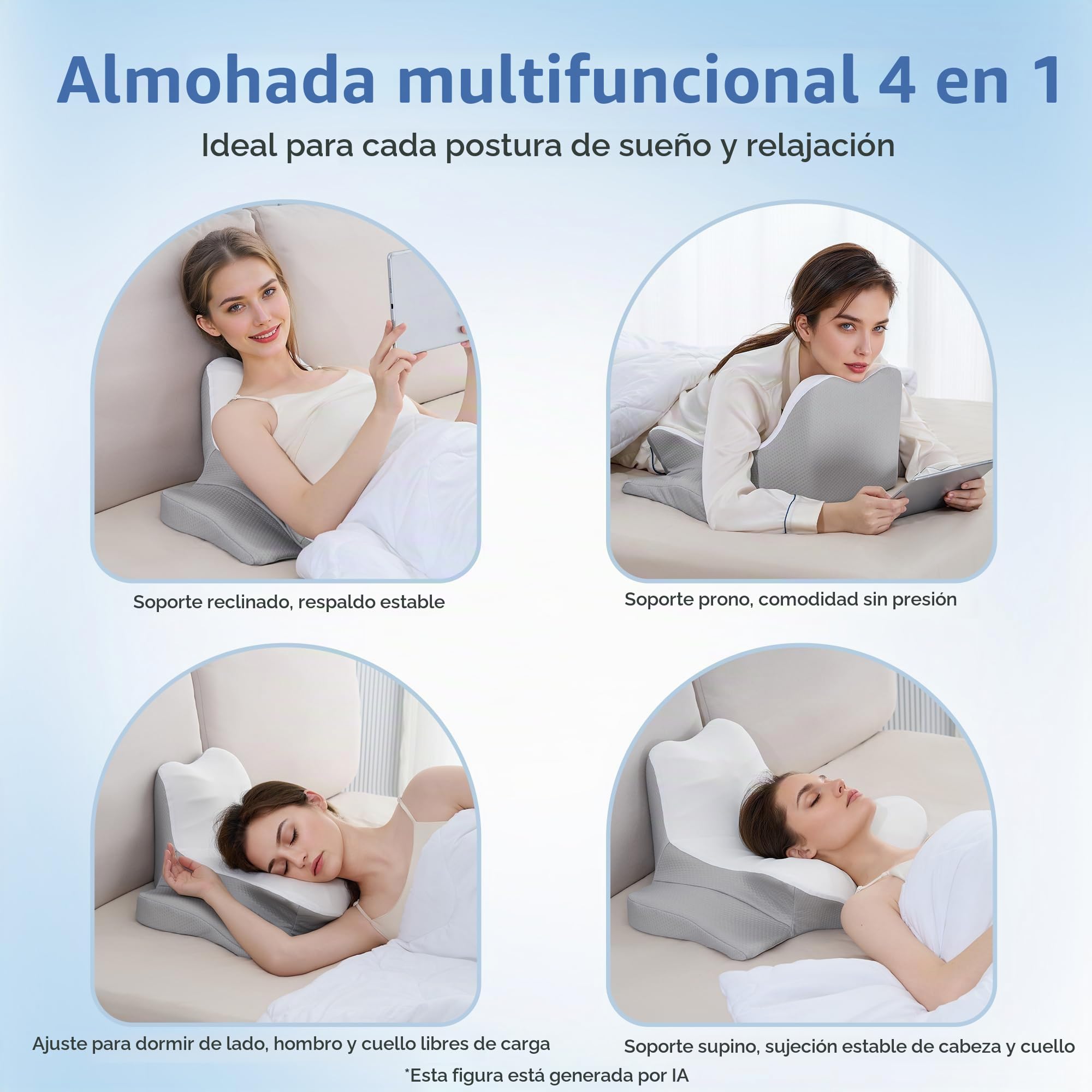 Careboda Almohada Multifunción Ergonómica Espuma Viscoelástica | Almohada ergonómica espuma viscoelástica, todas las posturas, alivia presión cervical, transpirable.