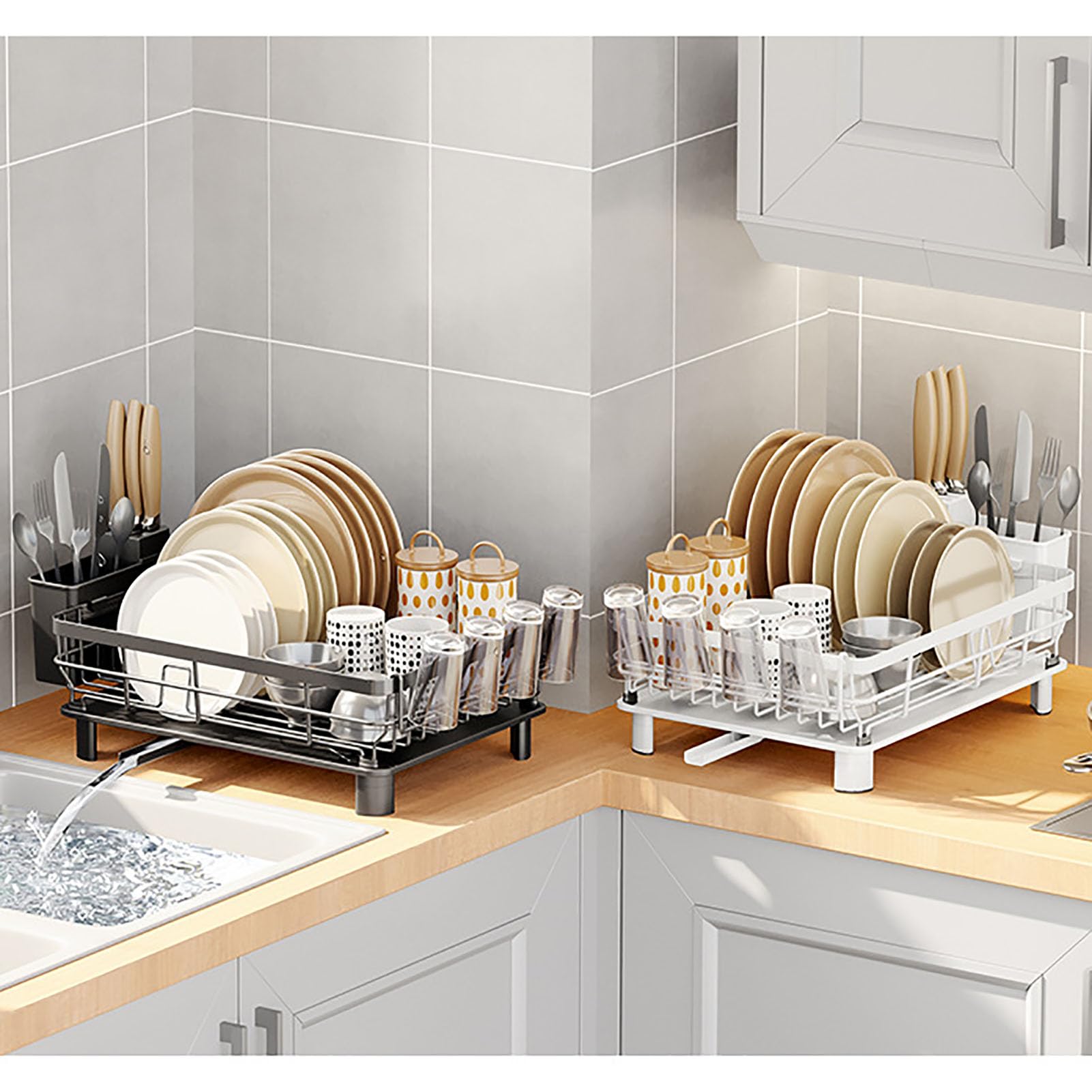 Escurridor de Vajilla de Un Solo Nivel para Encimera con Caja de Almacenamiento Lateral para Cuchillos y Cubiertos, para Platos Cuencos Tazas Vasos y Utensilios de Cocina,Gris