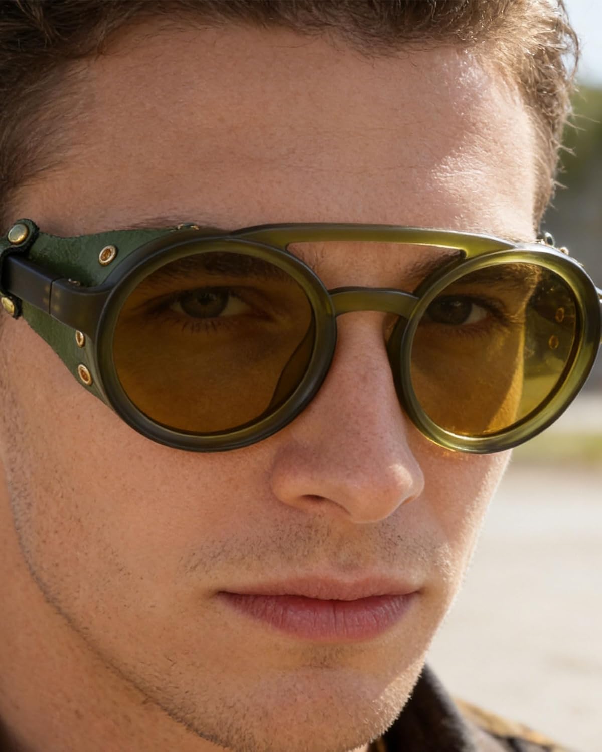 Polarized Round Steampunk Sunglasses with Leather Side Double Bridge Shield Retro Eyewear for Men Women - Image 2