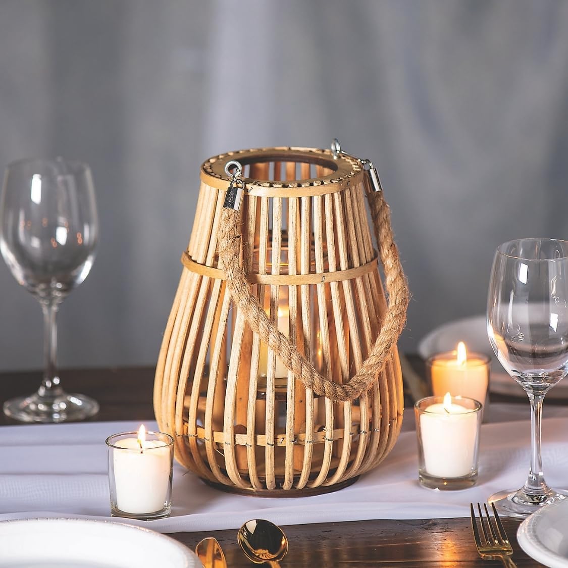 Fun Express Natural Rattan Lantern with Handle - Decorative Candle Lantern for Table Decor & Centerpieces | Boho Farmhouse Style for Dining Room, Living Room, Kitchen & Coffee Table