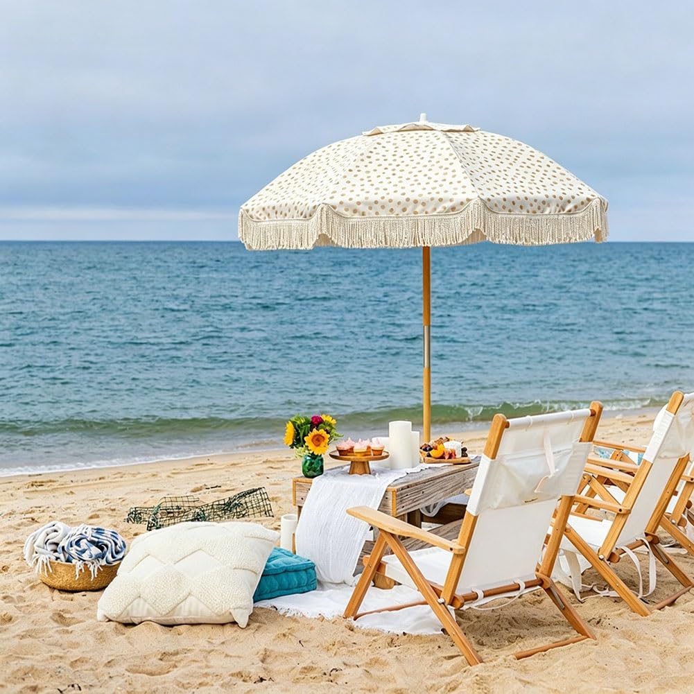 180 cm Parasol Przeciwsłoneczny z Frędzlami, Przenośny Parasol Ogrodowy w Boho z Odchylany i Drewnianym Drążkiem, Baldachim w Kropki