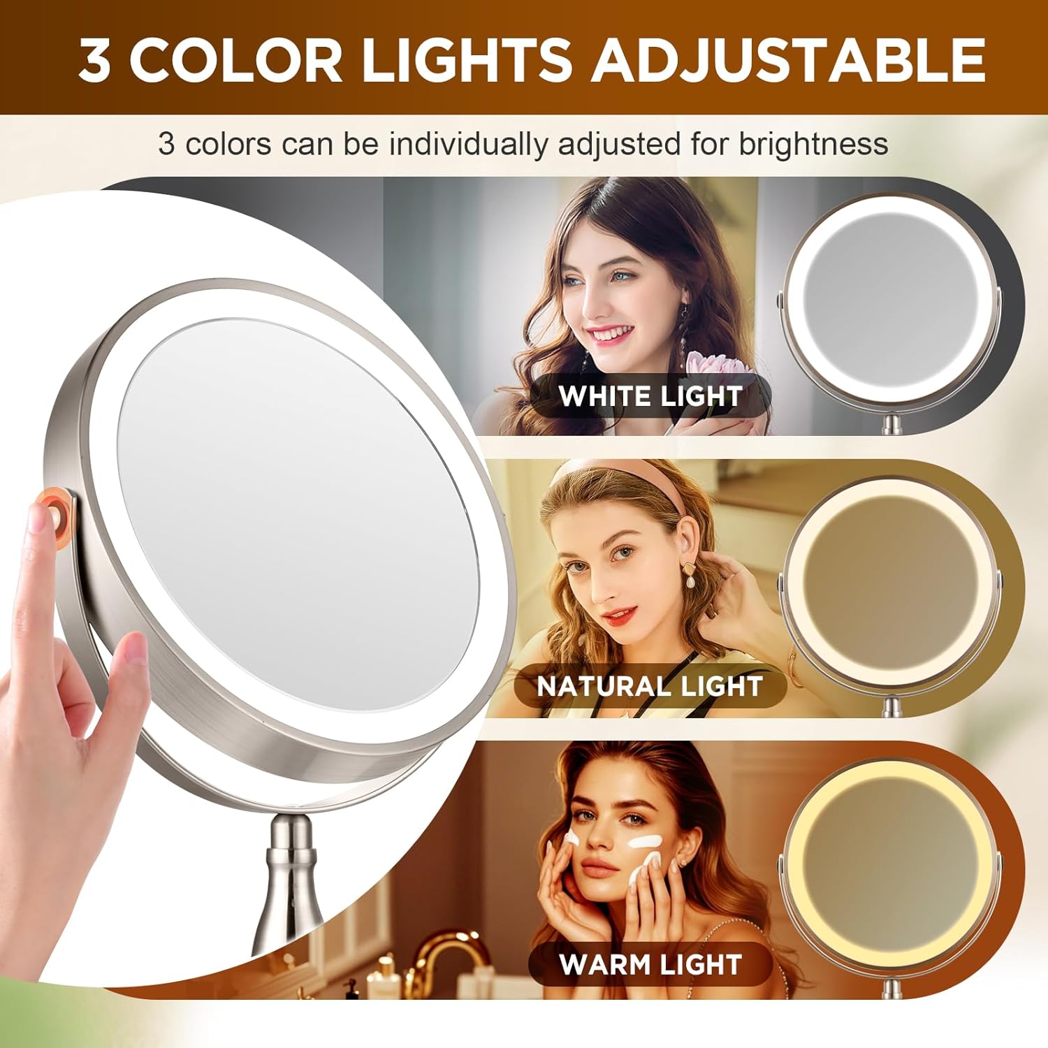 Makeup Mirror with Light, 30x Magnifying Mirror with 3 Lights Colors, 5000mAh Vanity Mirror Brushed Nickel - 360° Rotation, Brightness Adjustable Magnification, Modern Style Side Touch + Side Charge - Image 4