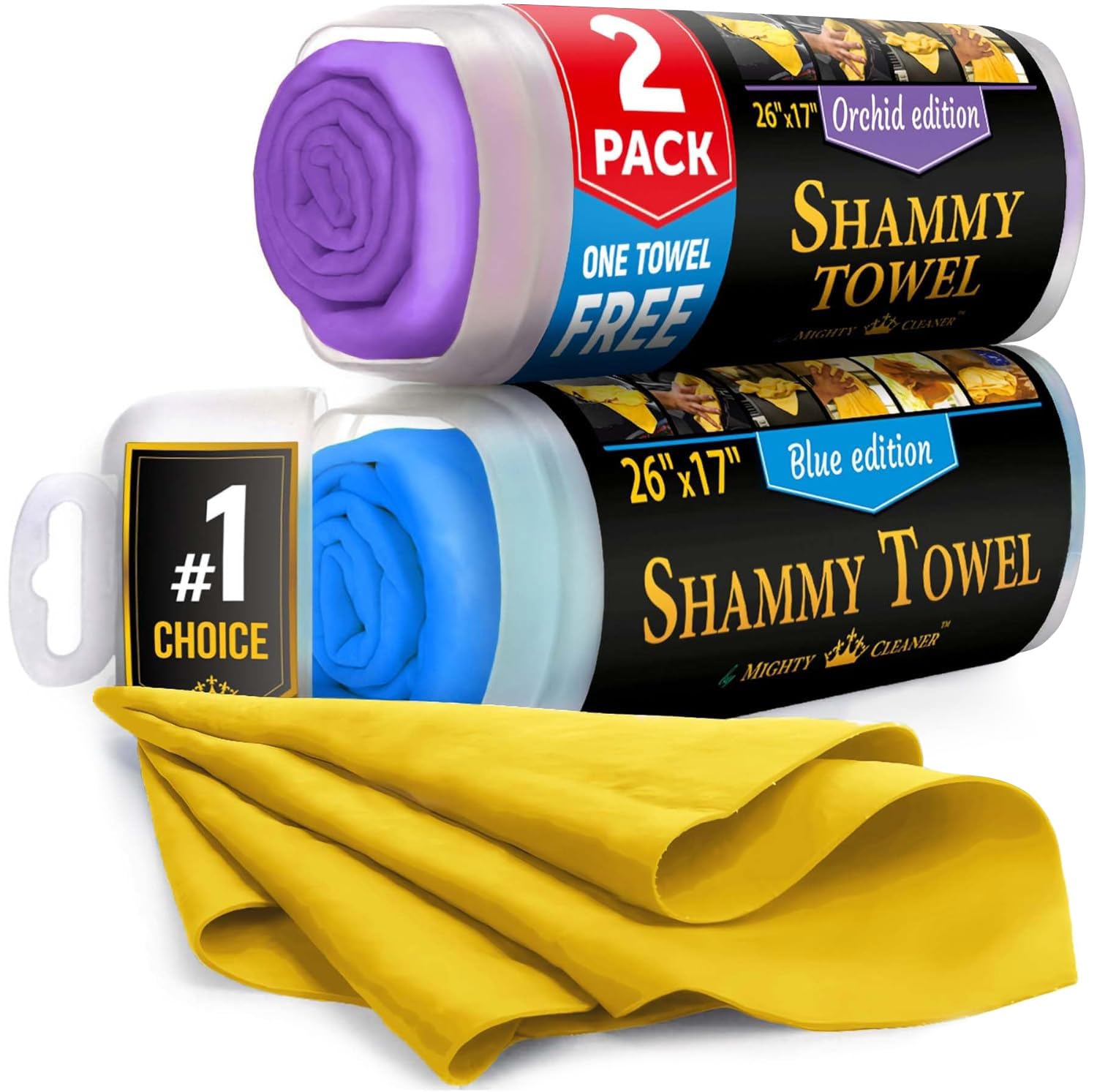 Mighty Cleaner Purple, Blue, Yellow Premium 2Pk +1 Free Shammy Cloth For Car Drying (26"X17") - Super Absorbent Chamois Towel - Reusable & Scratch-Free Shammy - Soft Drying Towels