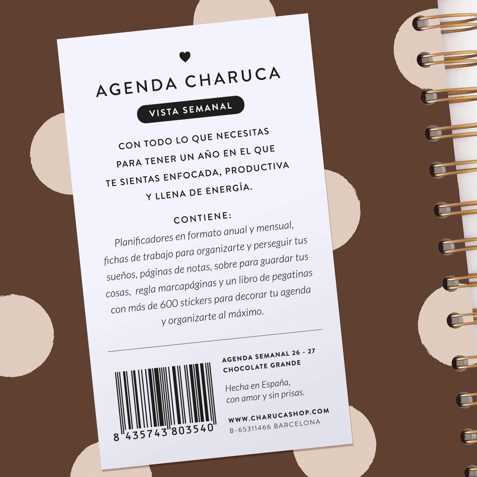 Agenda Charuca 26-27 Académica VISTA SEMANAL - Tapa Dura con Detalles Dorados, Tamaño GRANDE - Incluye BOLSA de Tela PROTECTORA y Marcapáginas - Hecho en España (CHOCOLATE LOVE)