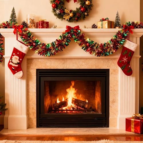 Miniatura 4 de Guirnalda de Navidad de 50 pies en rojo, dorado y verde, decoraciones de guirnalda de oropel Xmas con tallos retorcidos para decorar árbol,