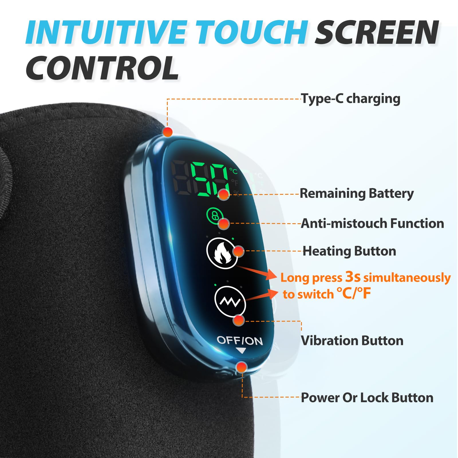 Ginocchiera Riscaldante Senza Fili, Ginocchiera Riscaldante con Touchscreen, Fascia Riscaldante Spalla/Gomito con 5 Livelli Riscaldamento, 5 Modalità Vibrazione, 4 Motori Integrati, Batteria 5000mAh