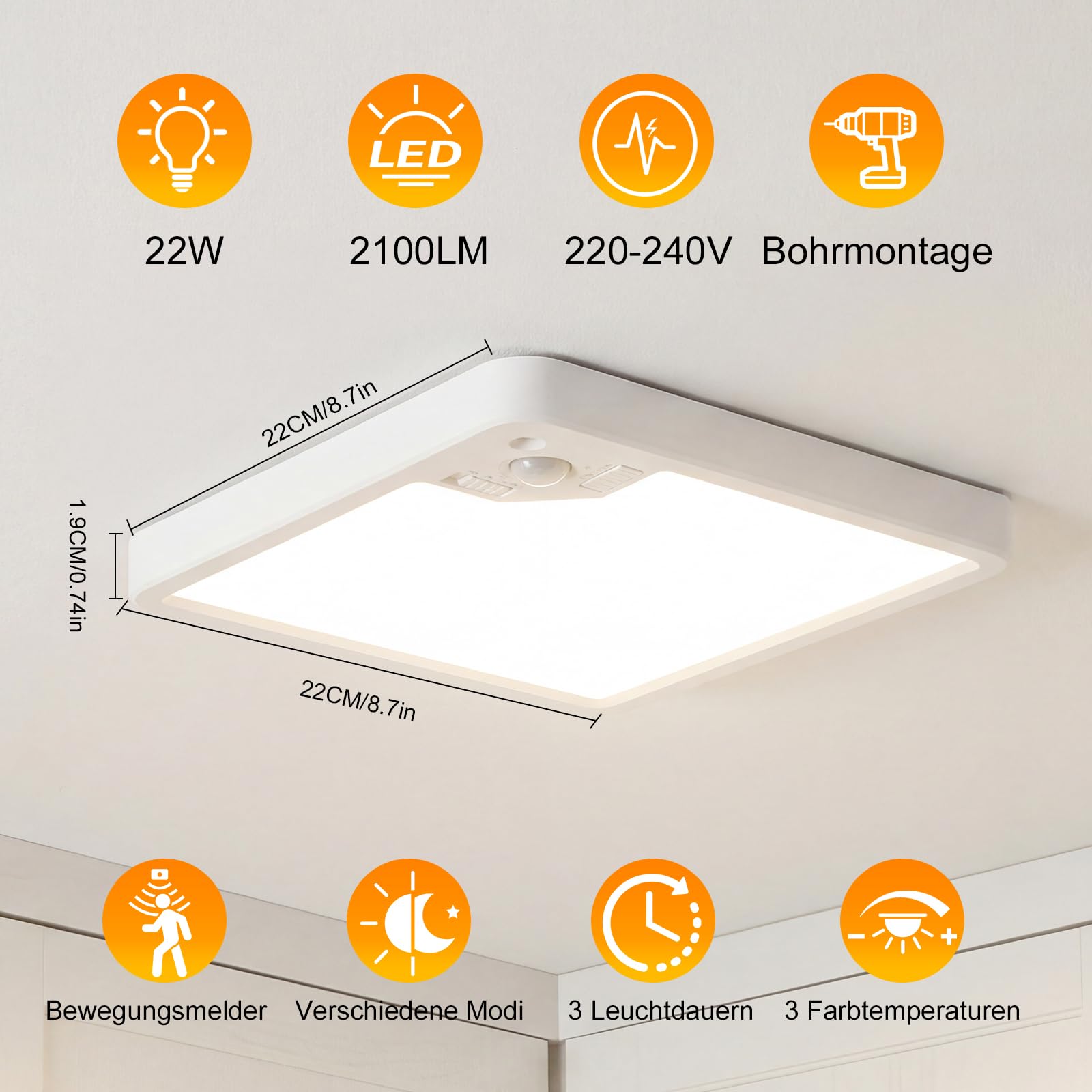 Lampa sufitowa z czujnikiem ruchu – 22W 2100LM LED, płaska lampa sufitowa z czujnikiem ruchu do wnętrz, 3 temperatury barwowe, z radarowym czujnikiem ruchu i czujnikiem zmierzchowym, do korytarza