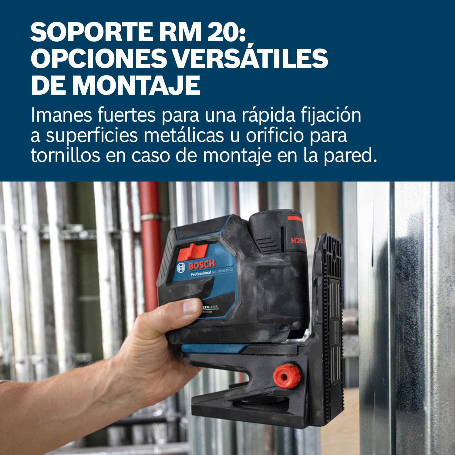 Bosch Professional Soporte RM 20 (diseño robusto, patas de goma, imanes potentes, orificios para tornillos, compatible con el GCL 12V-50-22 CG, ajuste exacto de la altura con clip para techo DK 20)