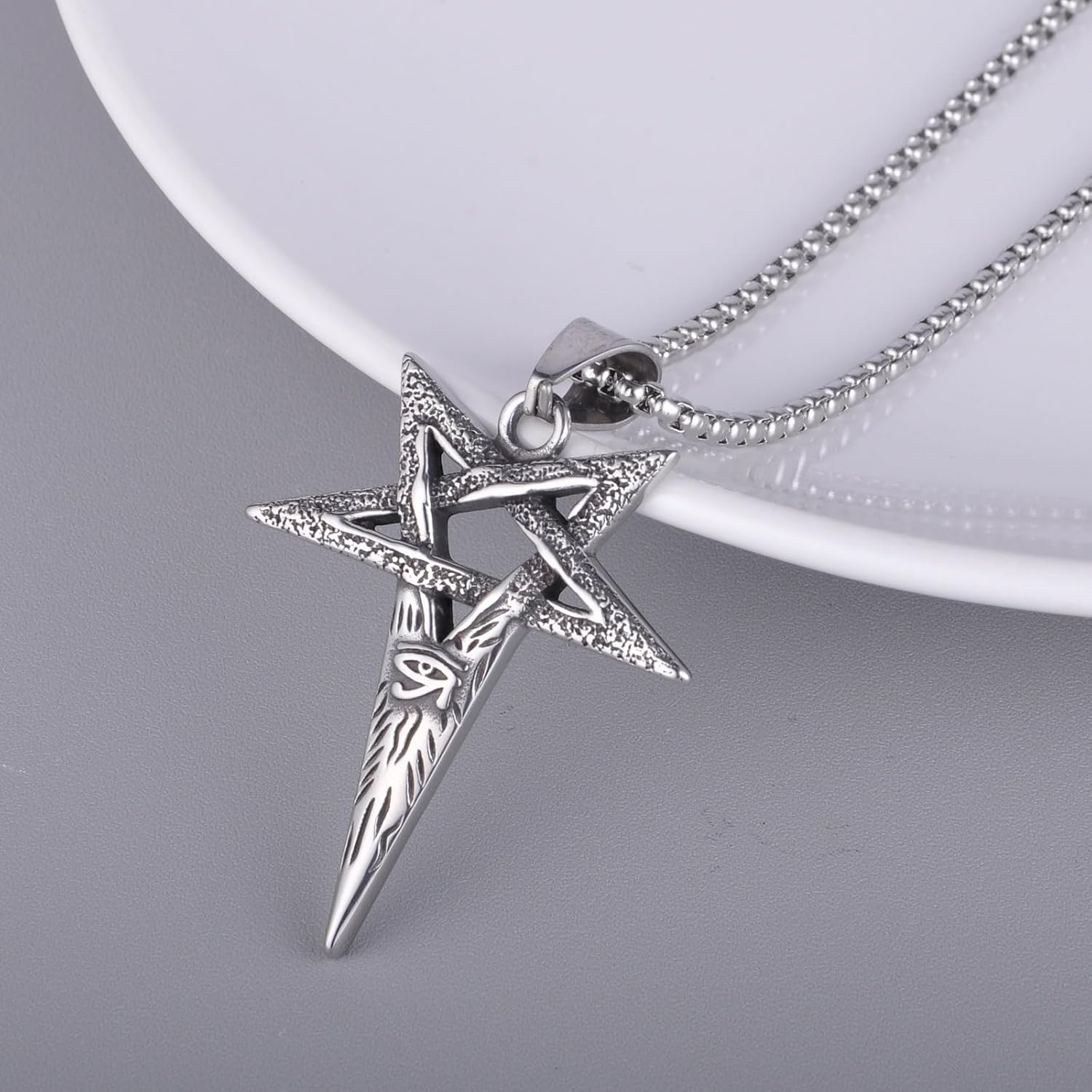 Men'S And Women'S Gothic Inverted Pentagonal Pentagram Devil'S Eye Pendant Necklace, 316L Stainless Steel, Silver Stainless Steel Square Pearl Chain, Vintage Amulet Jewelry - Image 4