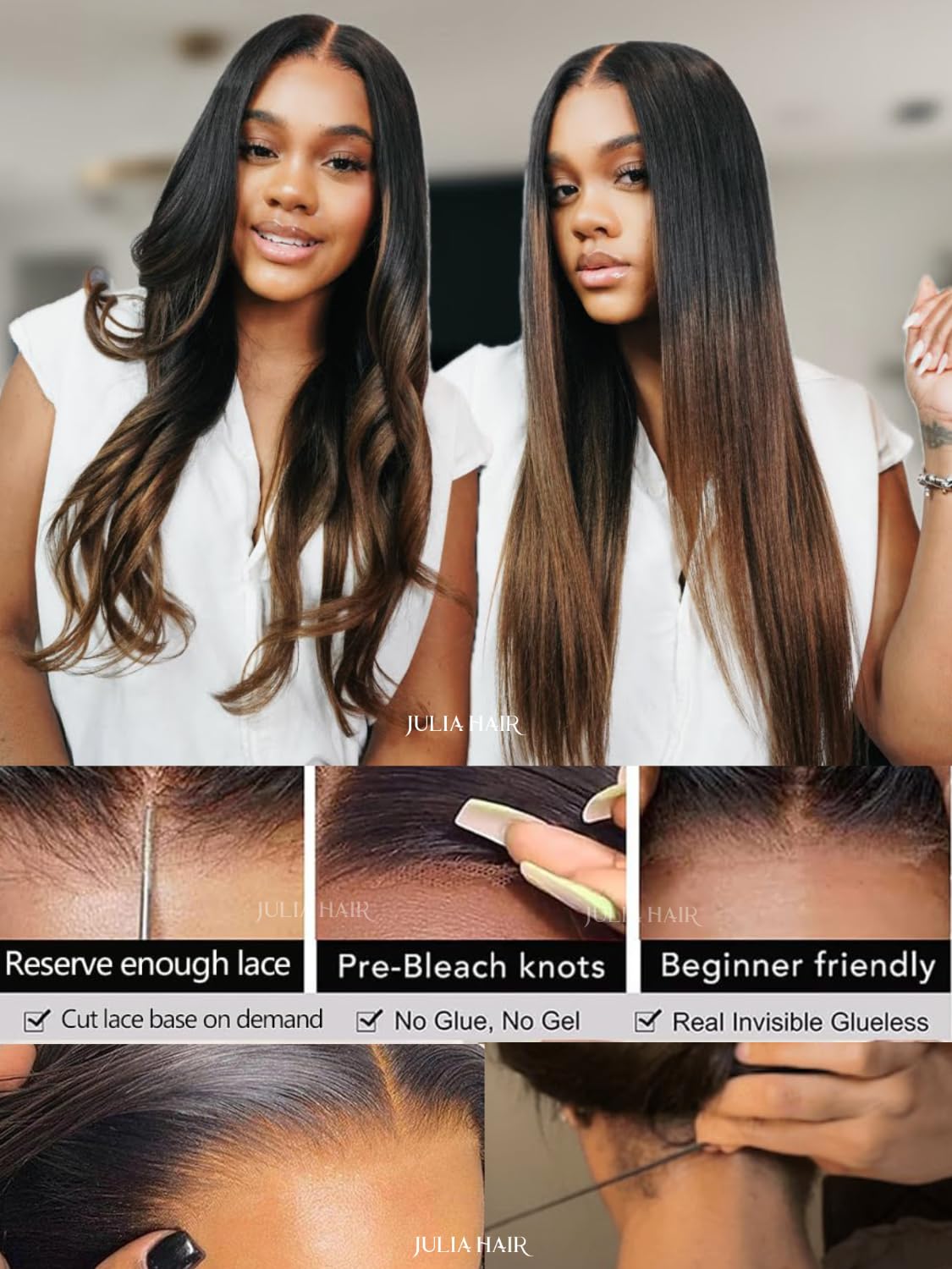 Julia Hair Yaki Straight Glueless Wigs Human Hair with Invisi Drawstring Black to Chestnut Brown 13x4 HD Lace Front Pre Everything Pre Plucked Pre Cut Bleached Knots Ombre Ready to Wear Wig 16 Inch