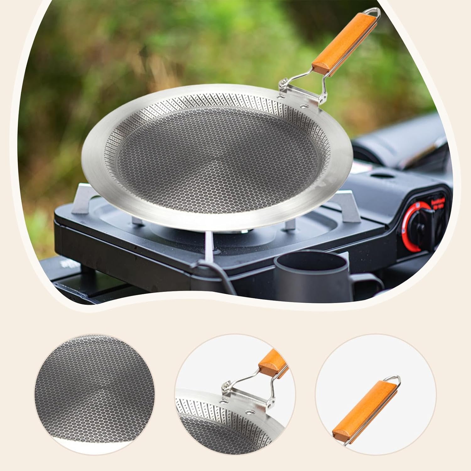 Stainless Steel Crepe Pan Nonstick Tortilla Griddle Flat Skillet Honeycomb Plate Foldable Handle Suitable for Camping Picni, 34cm