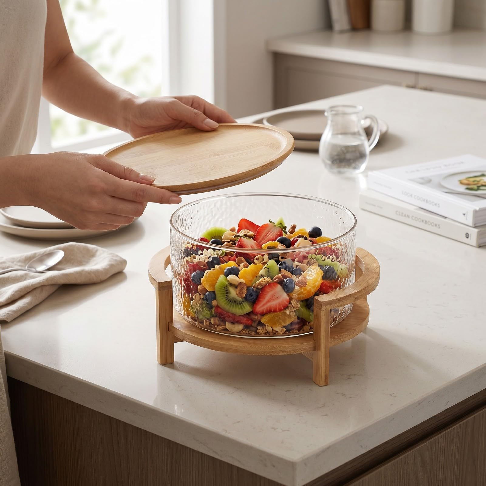 Qcwwy Cuencos de Vidrio para Mezclar, Juego de Ensaladera de Vidrio Grande de Cocina con Soporte de Madera de, Elegante Cuenco para Servir para Ensaladas, Pastas, Frutas y