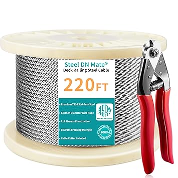 220 Feet T316-Stainless Steel 1/8'' Stainless Steel Aircraft Wire Rope Cable for Cable Railing Kit, Deck Stair Railing Hardware DIY Balustrade, 7x7 T316 Marin Grade