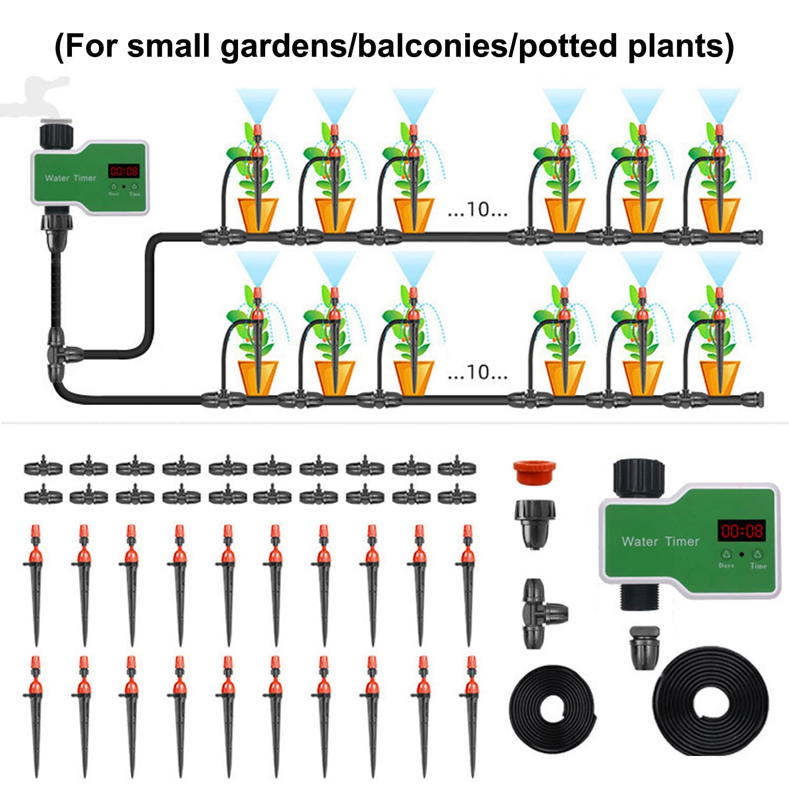 Kit de Sistem de Riego por Goteo, Sistem de Riego Automático de Jardín de 98 Pies, Sistem de Riego Automático a Batería con Temporizador, Manguera de Tubo, Estaca de Agua