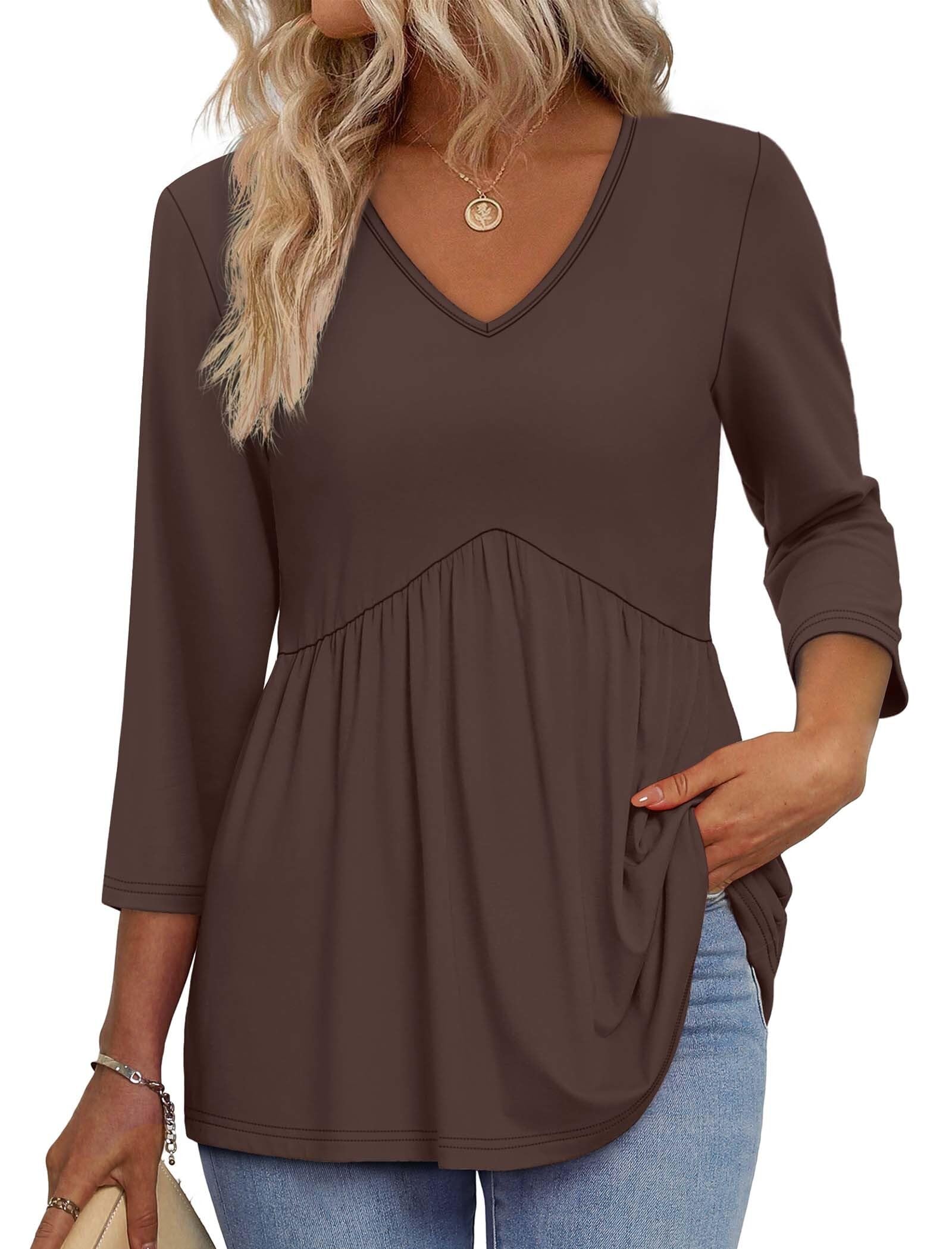 OFEEFAN 3/4 Length Sleeve Womens Tops 2026 Blouses for Women Dressy Casual Fashion Clothing V Neck Babydoll Tops Fall Outfits
